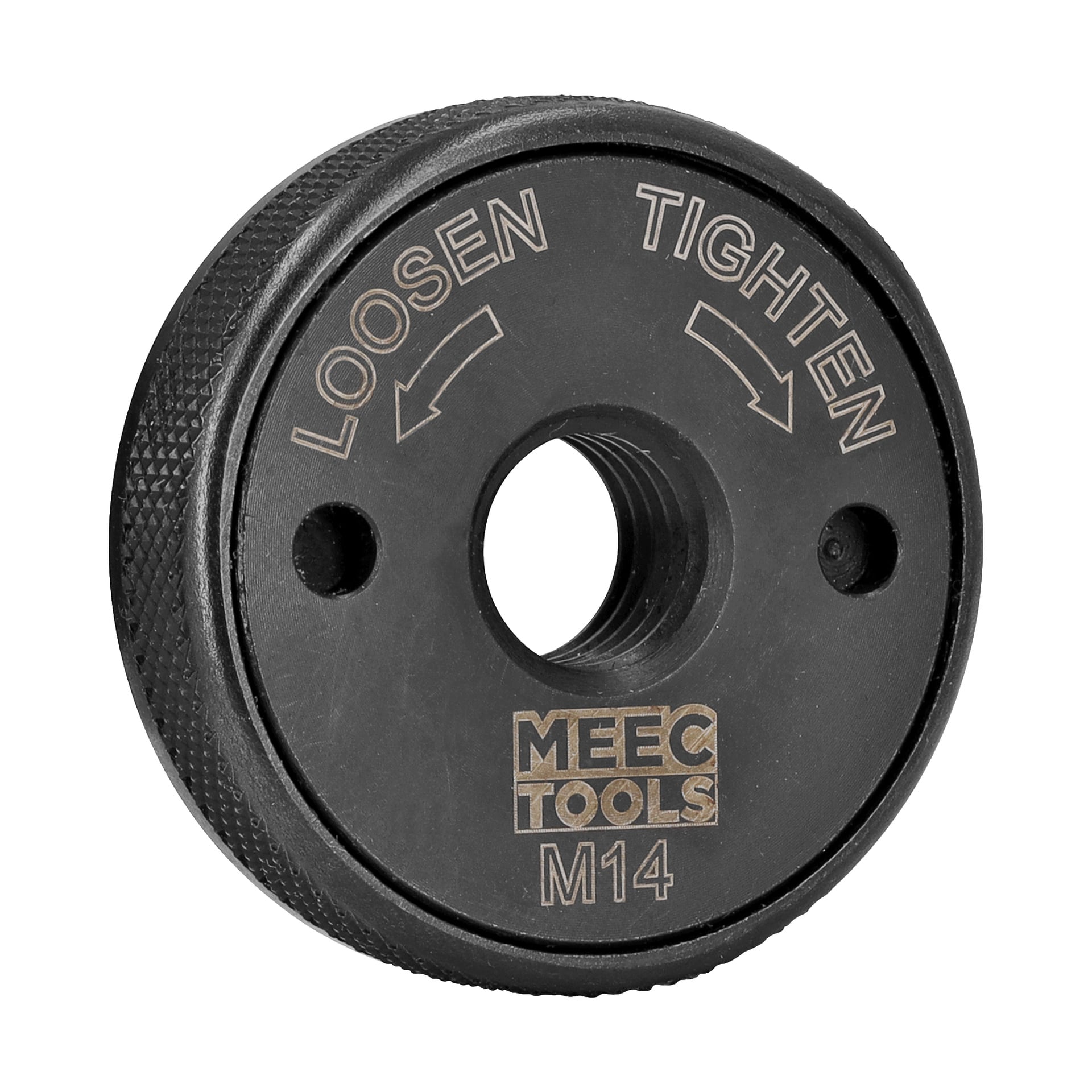 En cirkulär svart metalllåsmutter från Meec Tools, med texten "LOOSEN" och "TIGHTEN" med riktningspilar, ett "M14"-märke längst ner, en texturerad räfflat kant och ett gängat hål i mitten.