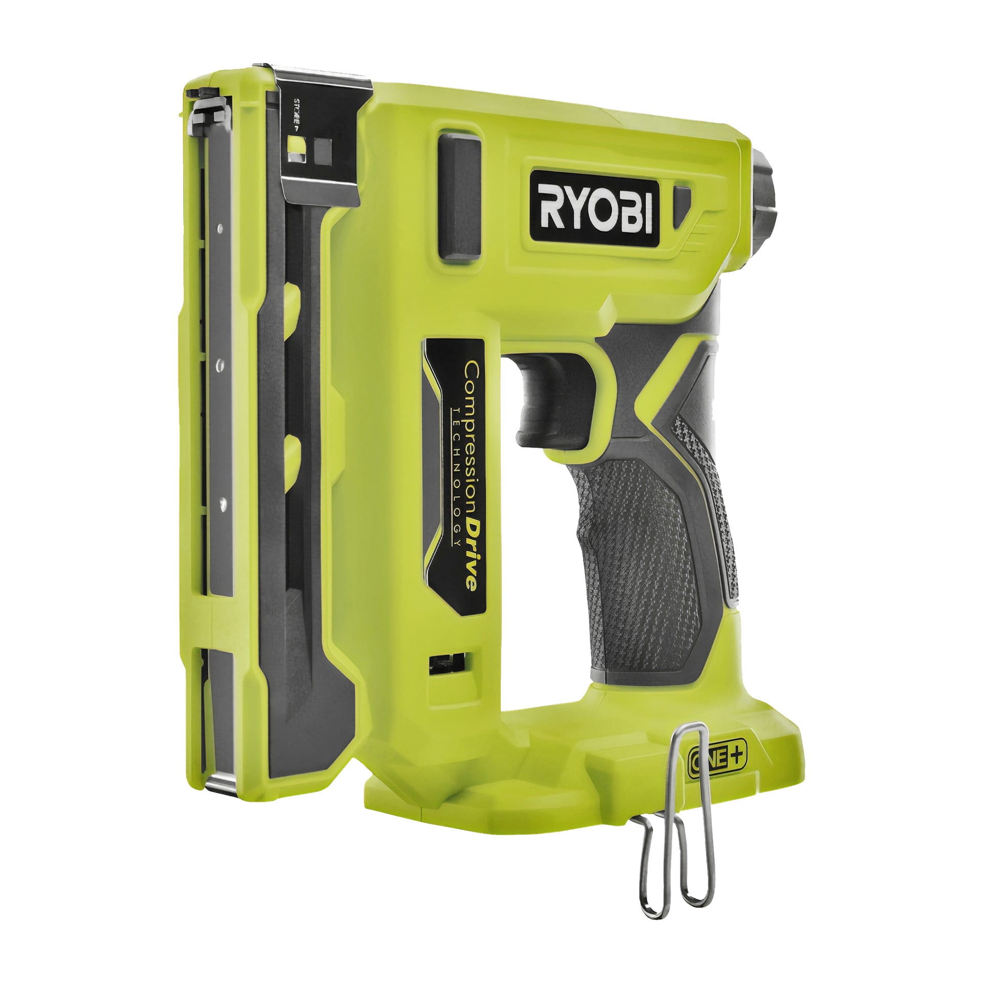 En gul och svart Ryobi One+ batteridriven häftpistol, modell R18ST50-0, är placerad för att framhäva dess sida, handtag och magasin. Det finns en metallklämma vid basen, tillsammans med synliga märken och modellmarkeringar på verktyget.
