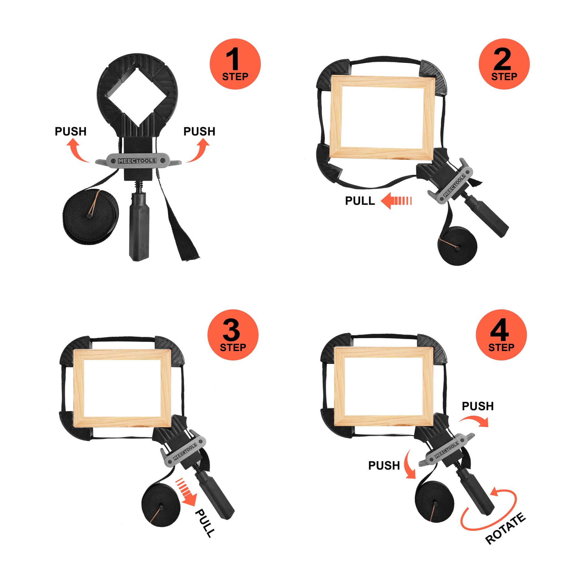 Steg-för-steg-illustration för att använda Meec Tools Frame Clamp på en träram: Steg 1, tryck för att släppa; Steg 2, vira remmen runt ramen; Steg 3, dra i remmen för att dra åt den; Steg 4, tryck och vrid klämmans handtag för att låsa allt på plats.