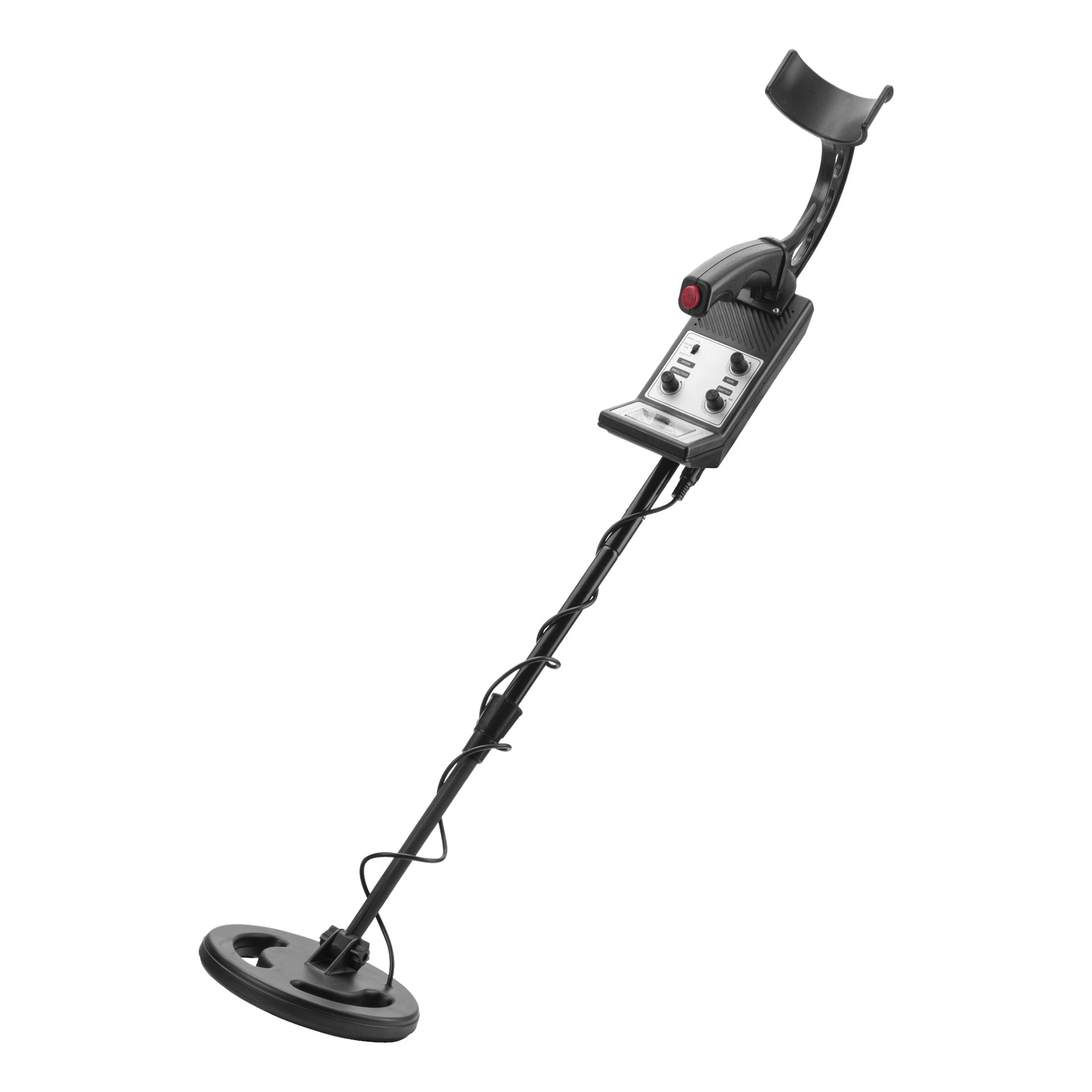 Kayoba Metal Detector har et svart design med armlene, håndtak, kontrollpanel utstyrt med knapper og ratt, en lang aksel og en sirkulær søkespole i bunnen.