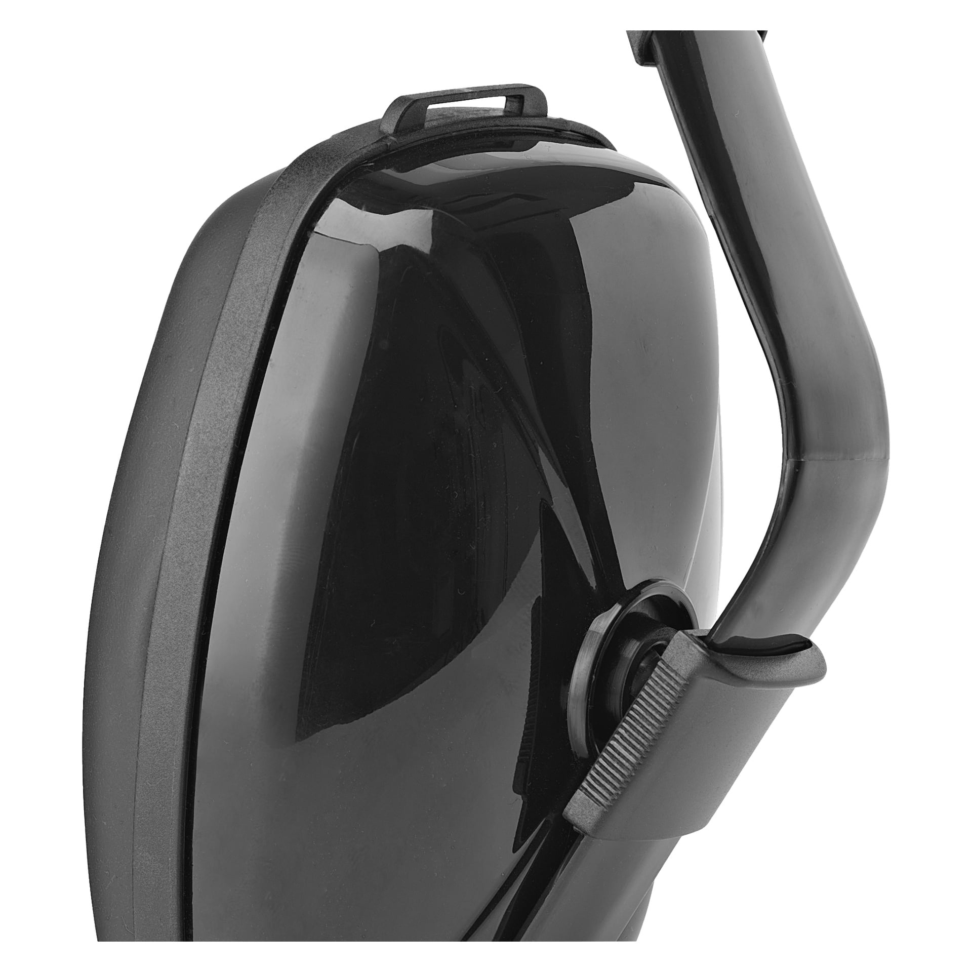 Nærbilde av Bluewear Earmuffs, som viser et skinnende svart ovalt design med et jevnt buet pannebånd som strekker seg ut fra begge sider. En lås øverst indikerer at de kan være sammenleggbare for enkel oppbevaring.
