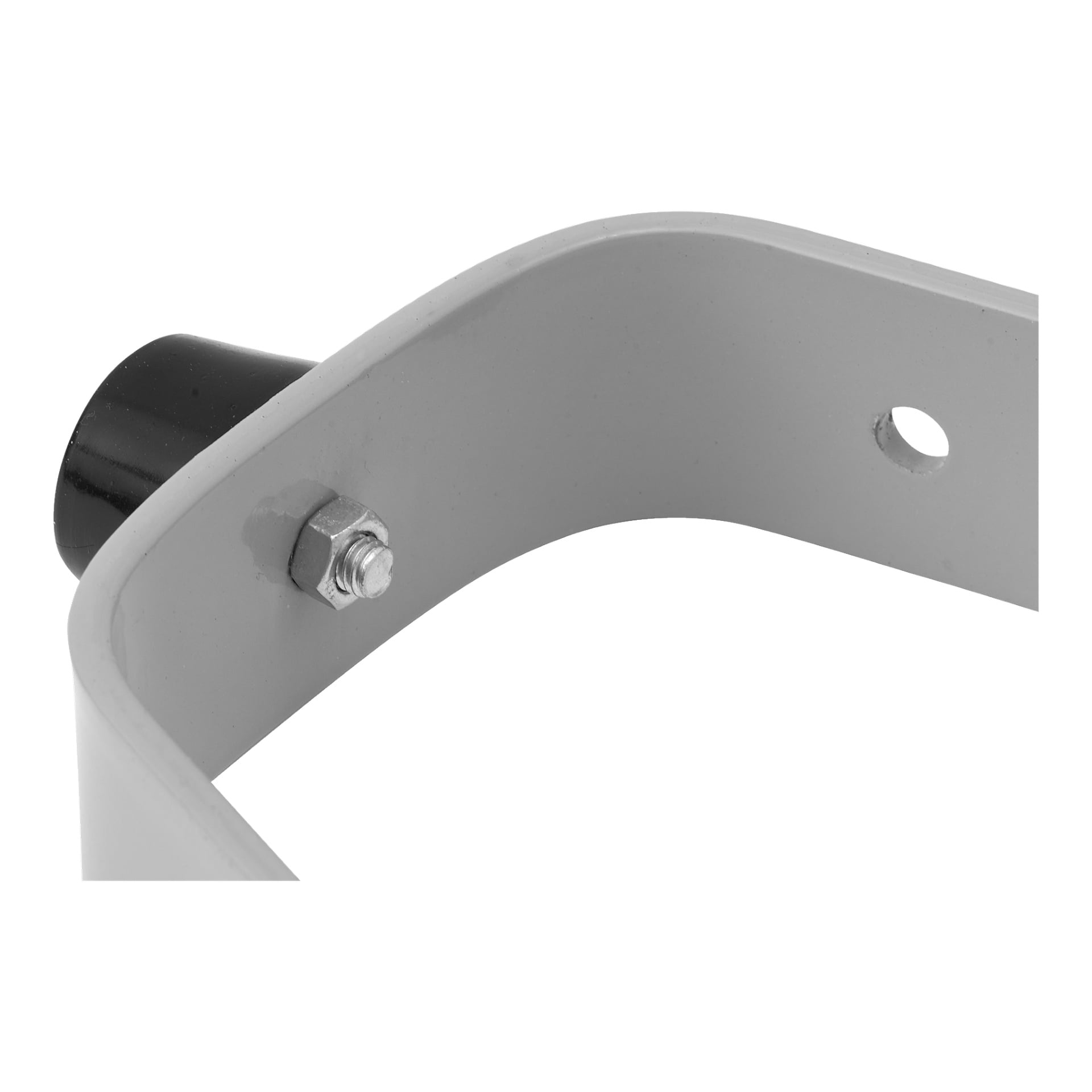 Detaljert bilde av Hard Head Doorstop med en grå metallbrakett og en svart sylindrisk spiss, festet på siden med en bolt og mutter, som viser et rundt hull langs den buede kanten.