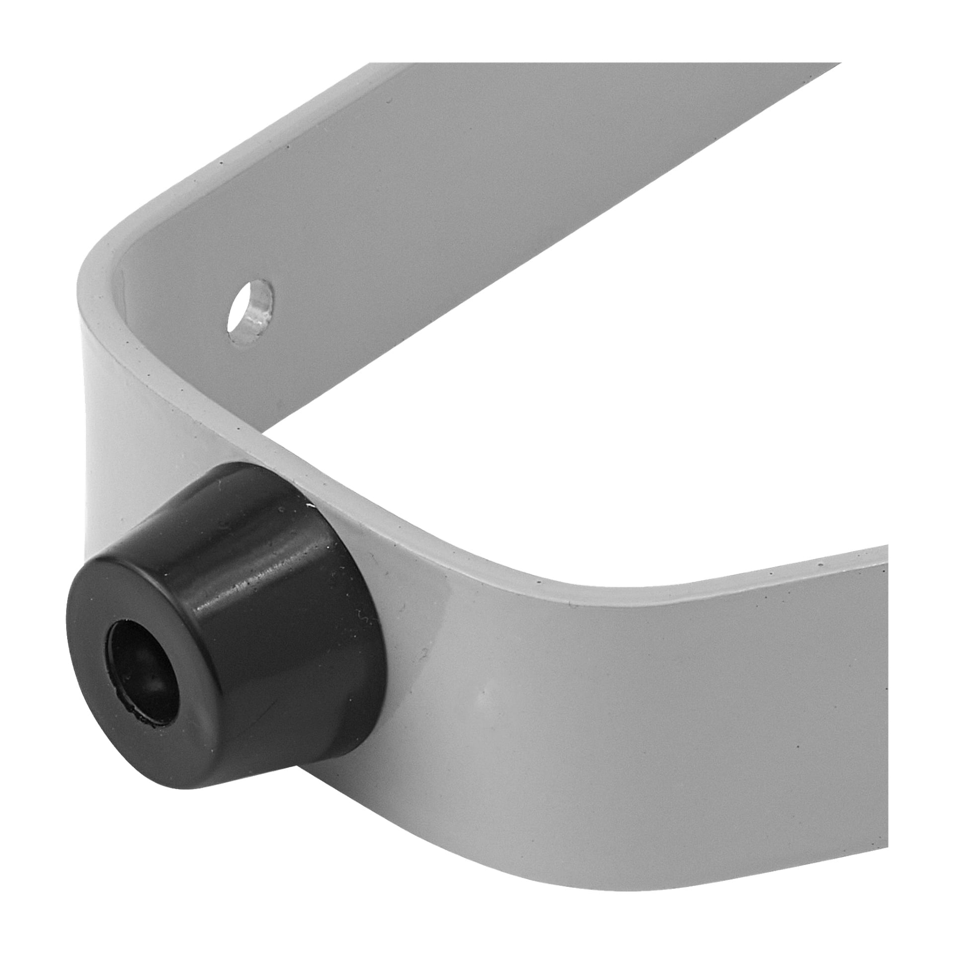 Nærbilde av Hard Head Doorstop som viser en grå metallbrakett, en svart avrundet plasthette i den ene enden, og et lite rundt hull på siden.