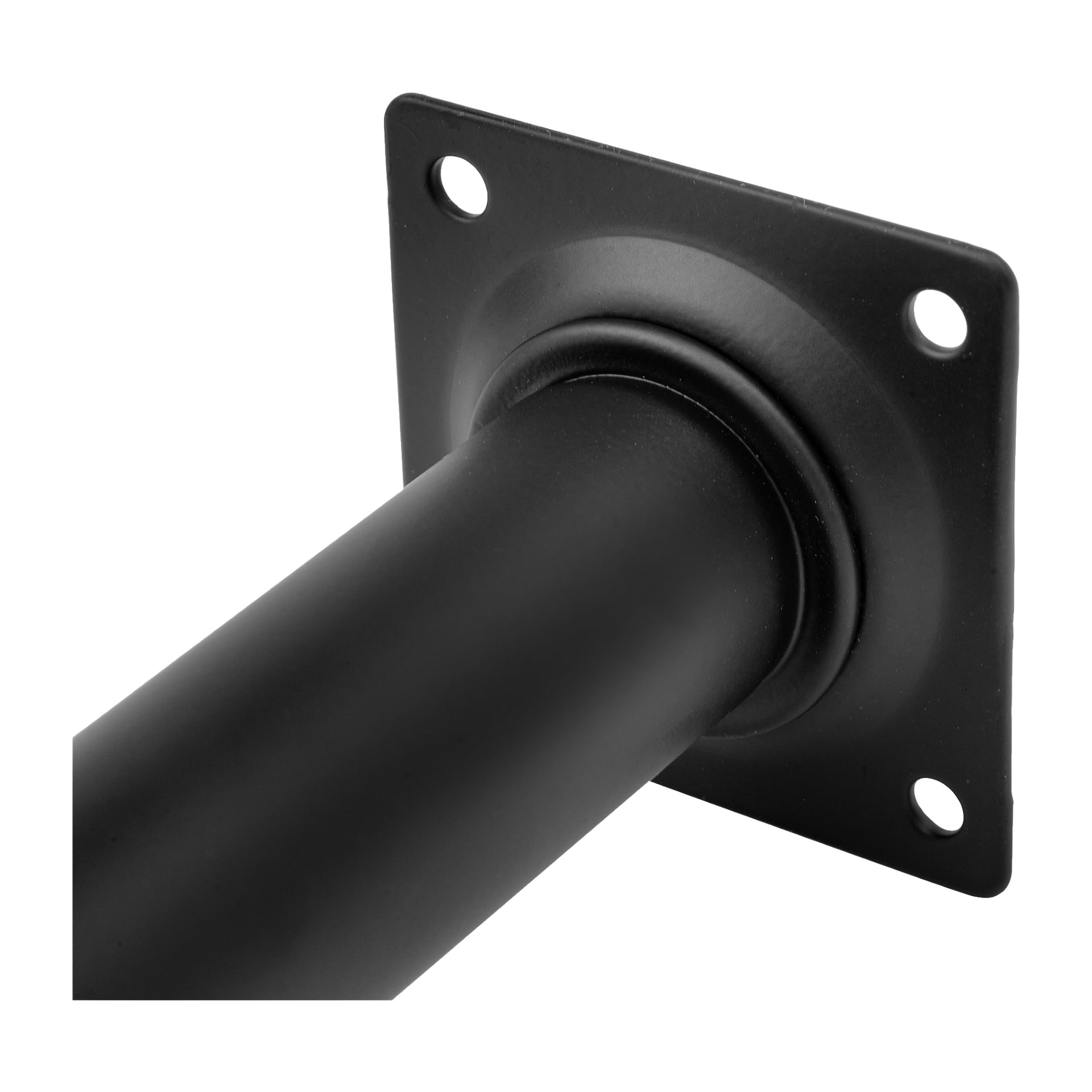 Zbliżenie czarnej metalowej nogi Hard Head Furniture, podkreślające, gdzie cylindryczna rura łączy się z kwadratową płytą montażową z czterema otworami na śruby umożliwiającymi mocowanie nogi do płaskiej powierzchni.