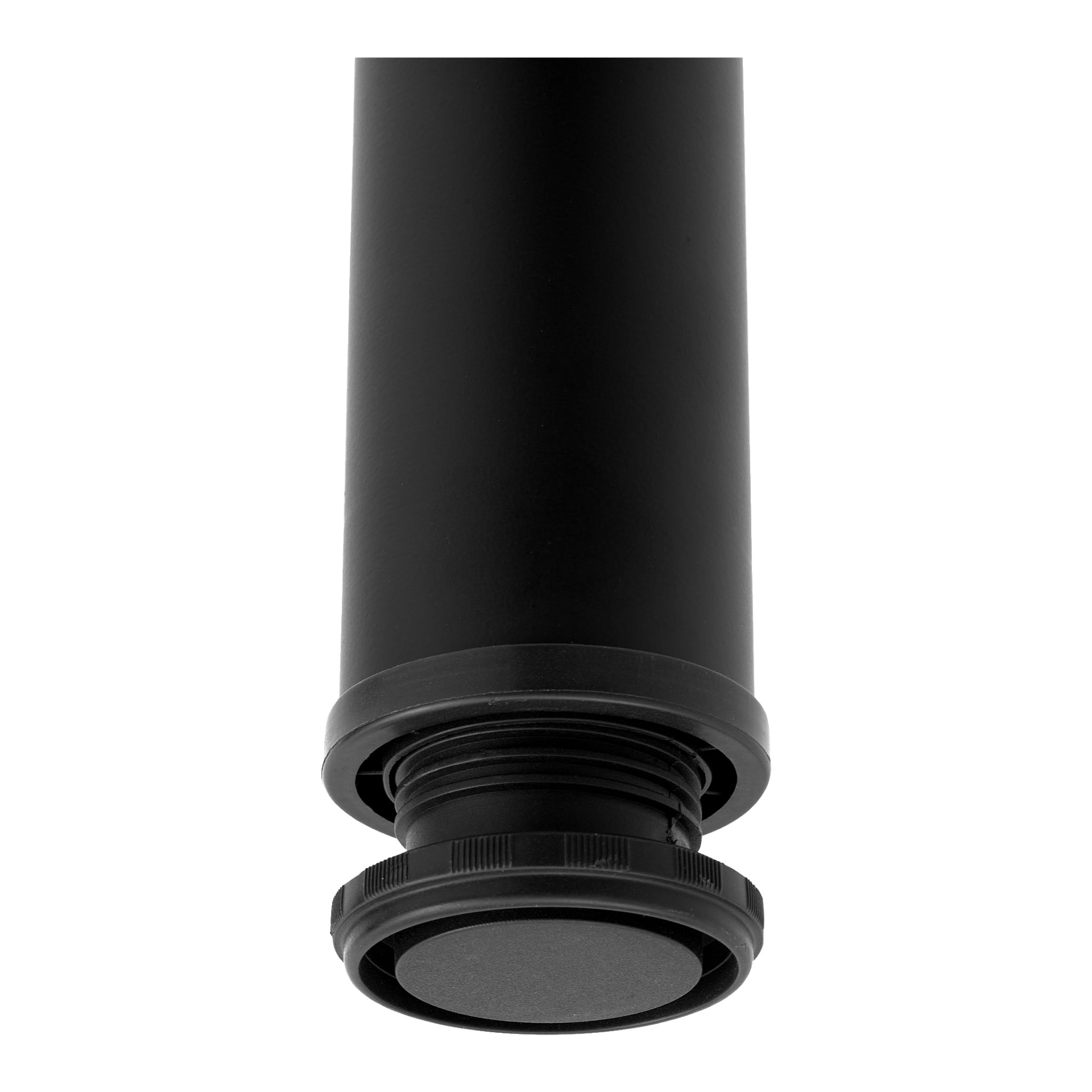Närbild på ett svart cylindriskt Hard Head Furniture-ben, som visar dess gängade ände och ett runt lock som delvis är skruvat av vid basen.