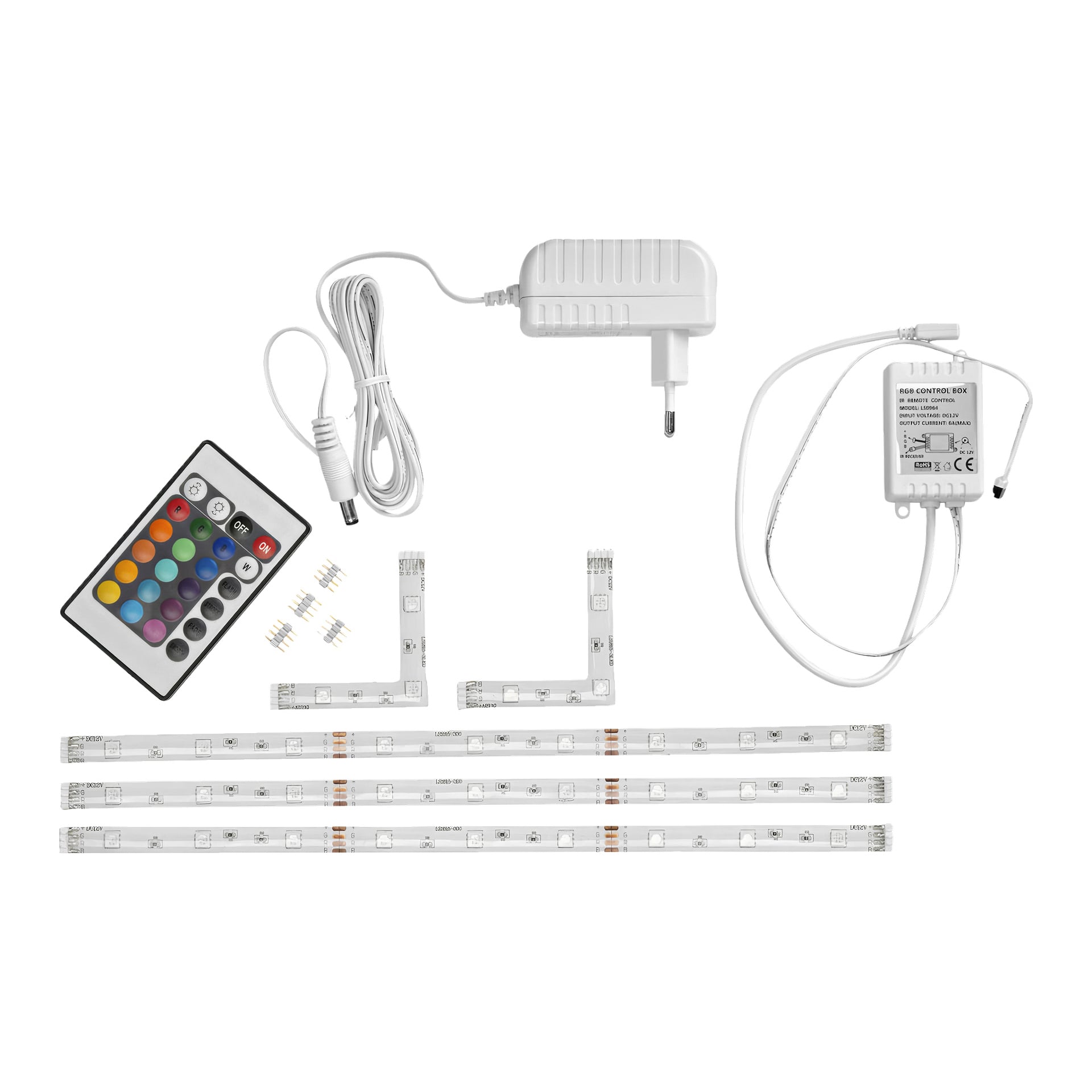 Anslut RGB LED-Streifenlampenset mit drei Leisten, einem weißen Netzteil, Fernbedienung, Steuerbox, Ecksteckern und Montageklammern, die zusammen angezeigt werden.