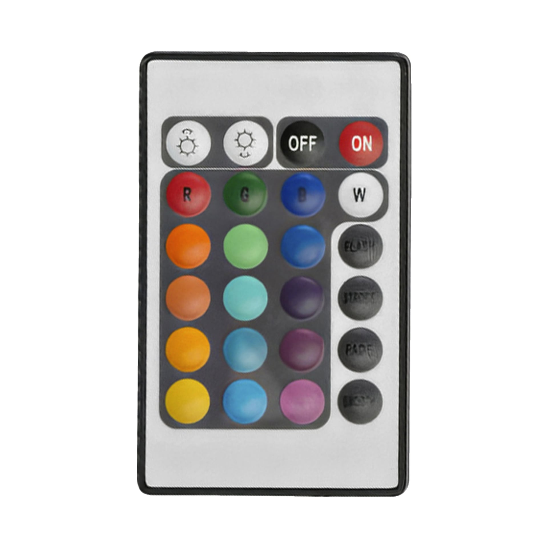 Das Anslut RGB LED-Streifenlicht-3-Pack wird mit einer rechteckigen Fernbedienung gezeigt, die Reihen bunter Tasten hat, die jeweils klar für Funktionen wie EIN, AUS sowie verschiedene Farb- und Lichteffekte gekennzeichnet sind.