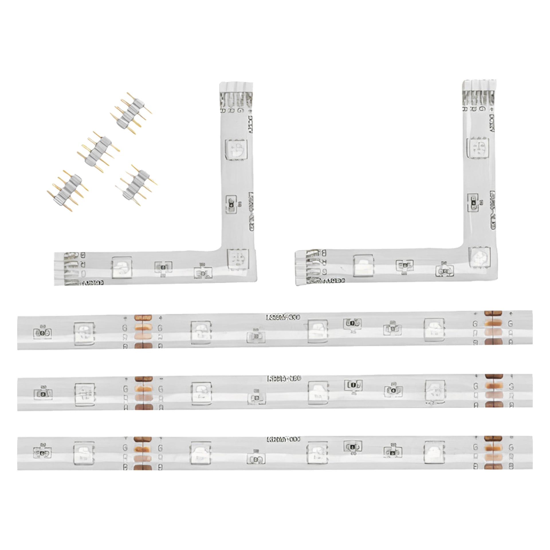 Drei gerade Anslut RGB LED-Streifenlichtsegmente, zwei L-förmige Steckverbinder und vier kleine Mehrpolstecker aus dem Anslut RGB LED-Streifenlampen-3-Pack werden angezeigt.