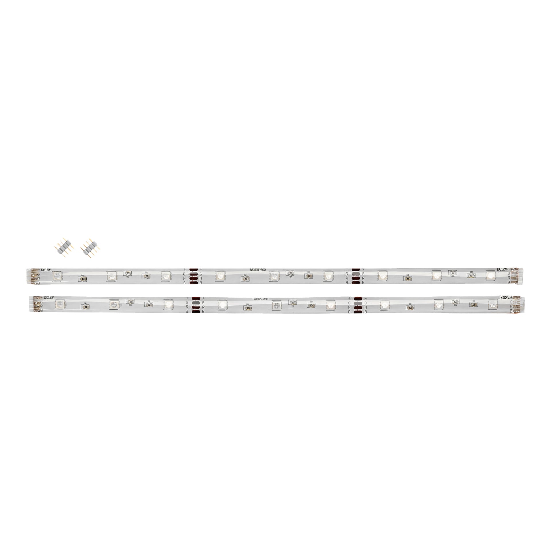 Dwie lampy LED Anslut RGB (2 paki) są ustawione obok siebie. Paski przedstawiają małe elementy elektroniczne i miedziane złącza, z dwoma małymi złączami widocznymi w lewym górnym rogu.