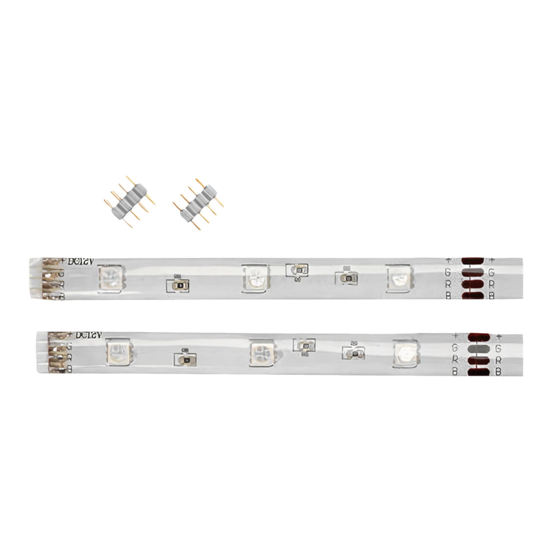 Dwie lampy LED Anslut RGB z dwupaku ustawione są obok siebie, każda z wyraźnymi etykietami sekcji RGB. Nad paskami umieszczone są dwa małe, szare złącza, z których każdy ma cztery złote piny ustawione obok siebie.