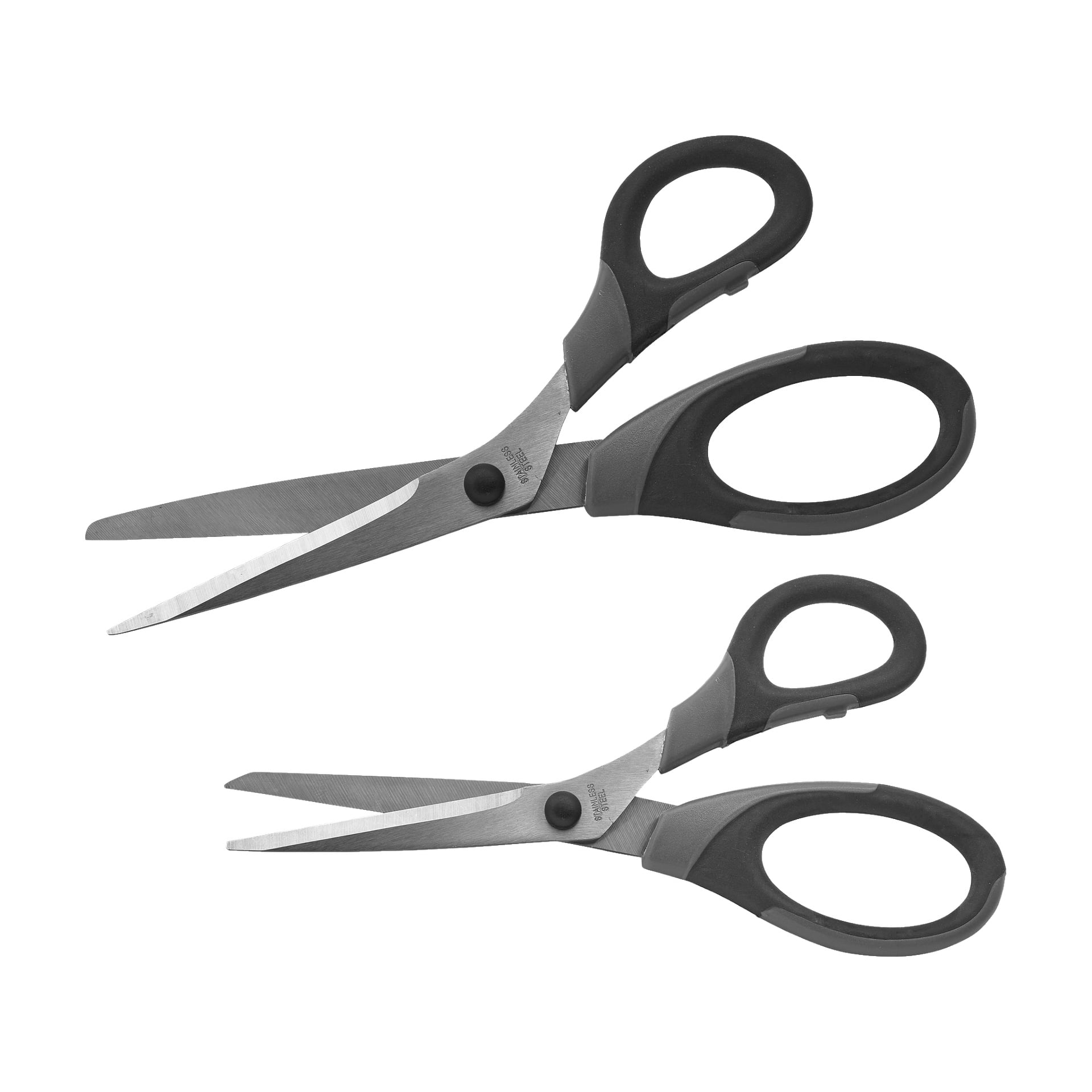 Två par Menuett Scissors 2-pack med rostfria stålblad och svarta och grå plasthandtag visas, ett par öppet och det andra delvis stängt.