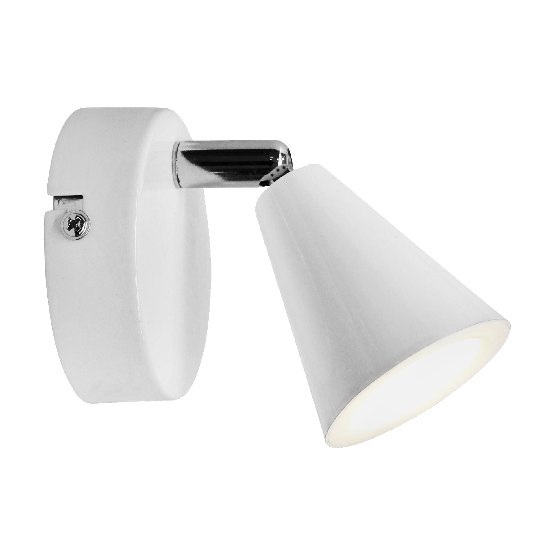 Spotlight LED från Anslut: väggmonterad vit strålkastare med konisk skärm, kromarm och rund sockel. Lampan är tänd, ljuset kommer från den breda änden; basen fästs vid väggen med synlig skruv.