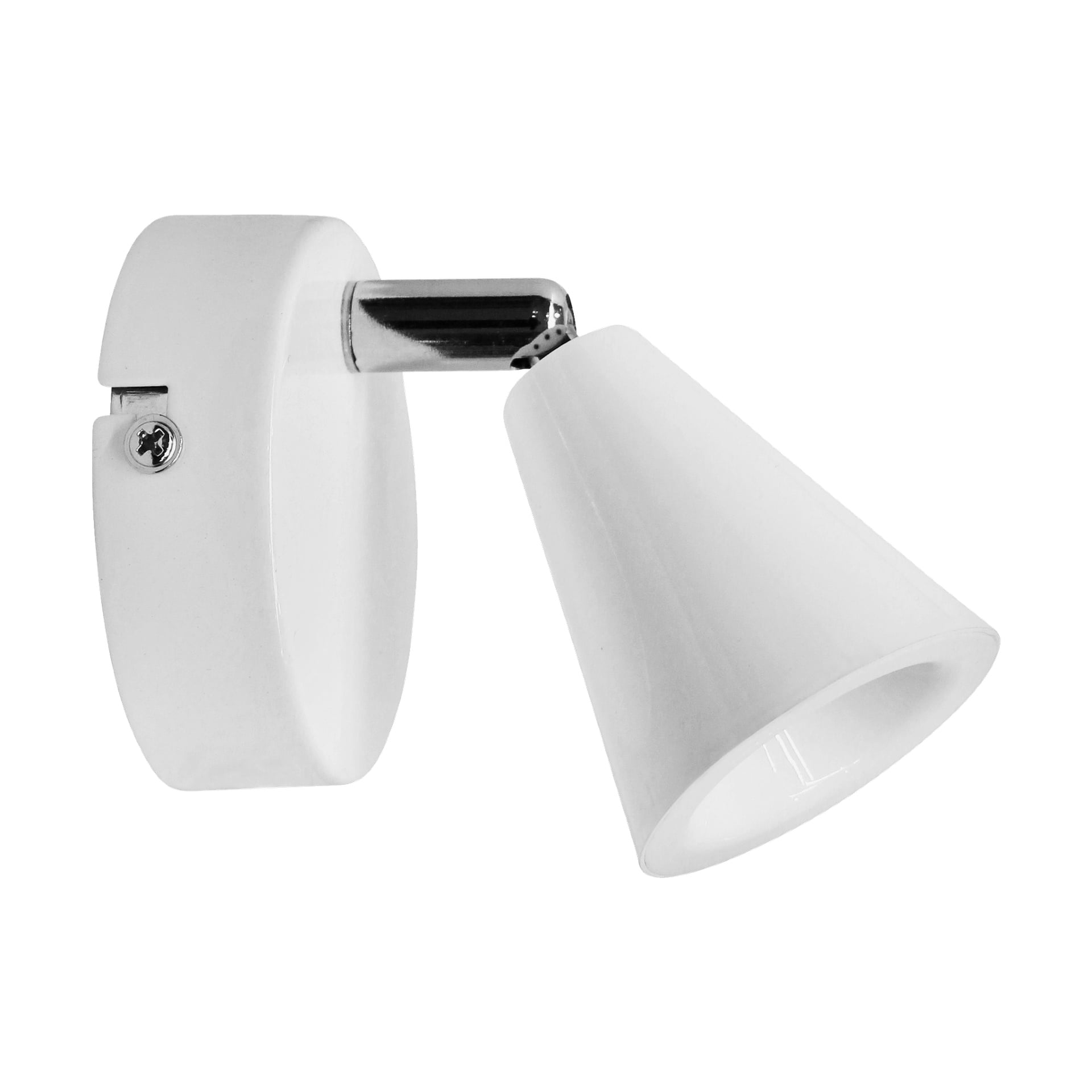 Spotlight LED från Anslut har ett slankt, minimalistiskt utseende med en vit konformad skärm och en metallarm fäst vid en rektangulär väggsockel.