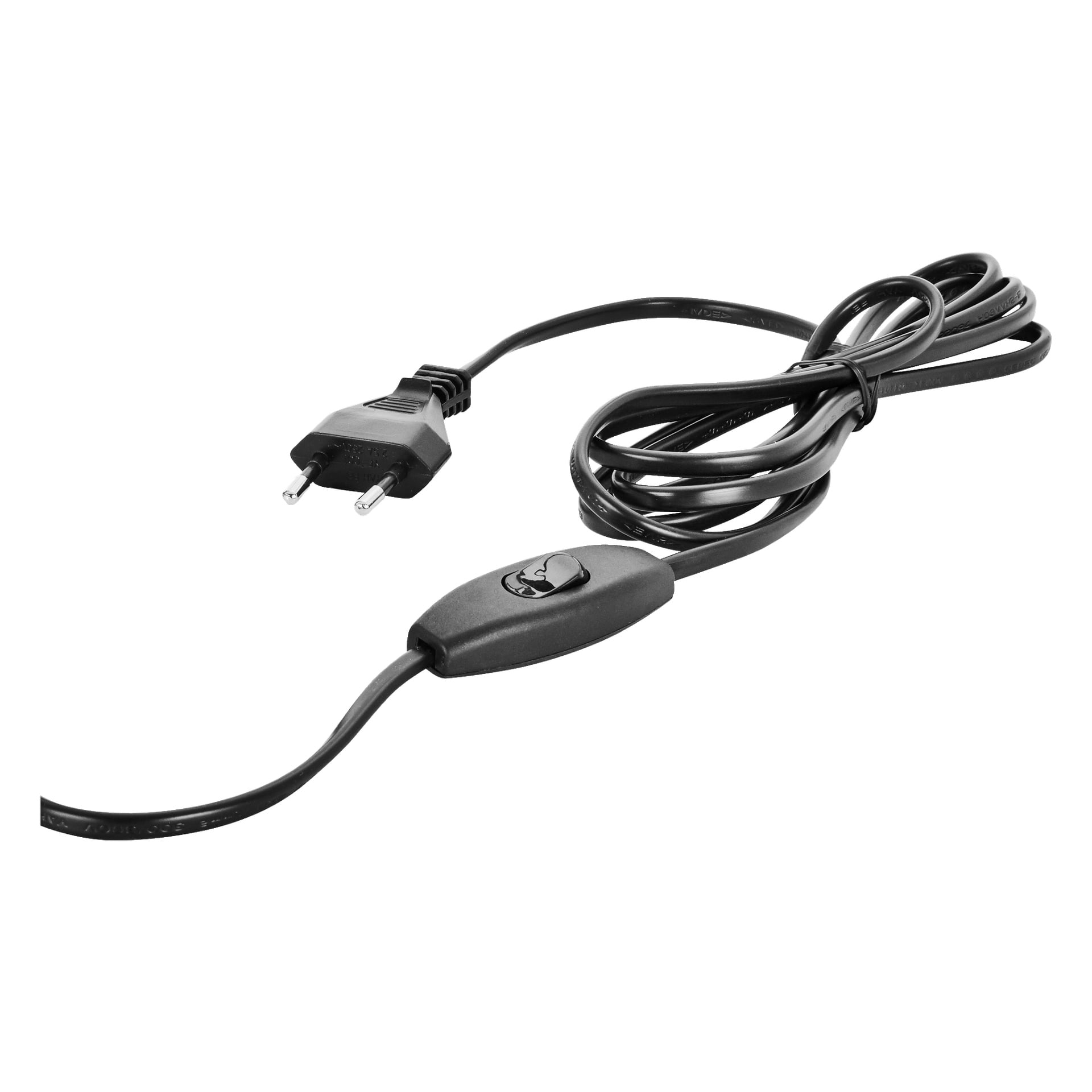 En svart elkabel designad för Anslut Clamp Spotlight LED, med en europeisk tvåpolig kontakt i ena änden och en inline-switch längs kabeln, som visas löst lindad.