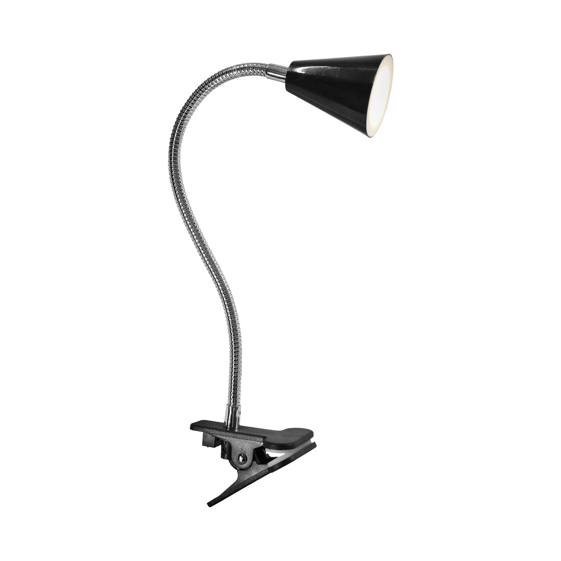 En svart Anslut Clamp LED-strålkastare har en flexibel silverfärgad gåshals och en konisk nyans.