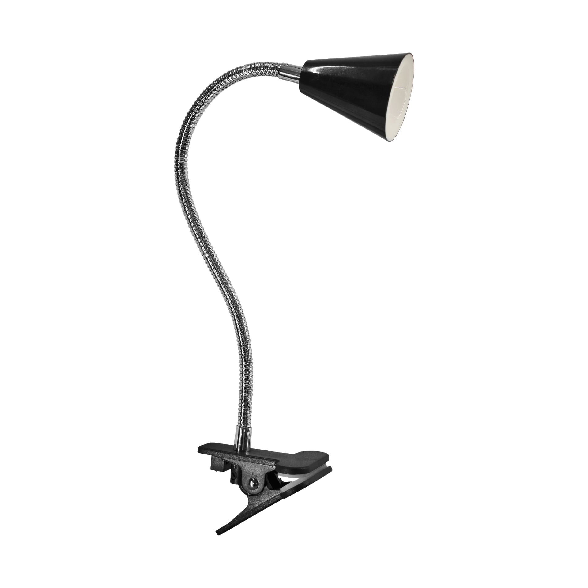 En svart Clamp spotlight LED-bordslampa från Anslut med flexibel silverhals och konisk skärm.