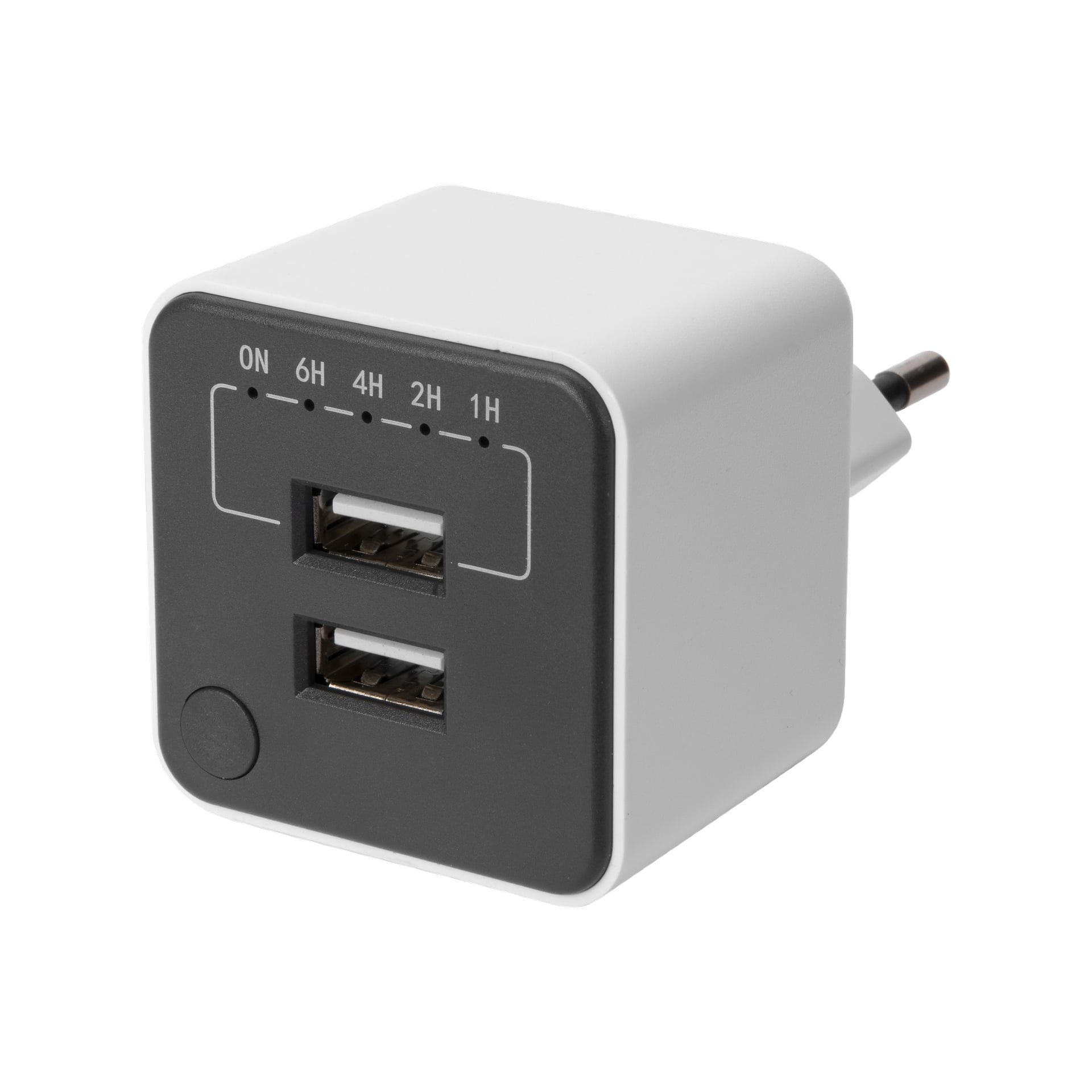 Anslut Charger: kompaktes weißes Ladegerät mit zwei USB-Anschlüssen, einem runden Knopf, einem Timer-Regler mit Optionen ON, 6H, 4H, 2H und 1H sowie einem europäischen Stecker.