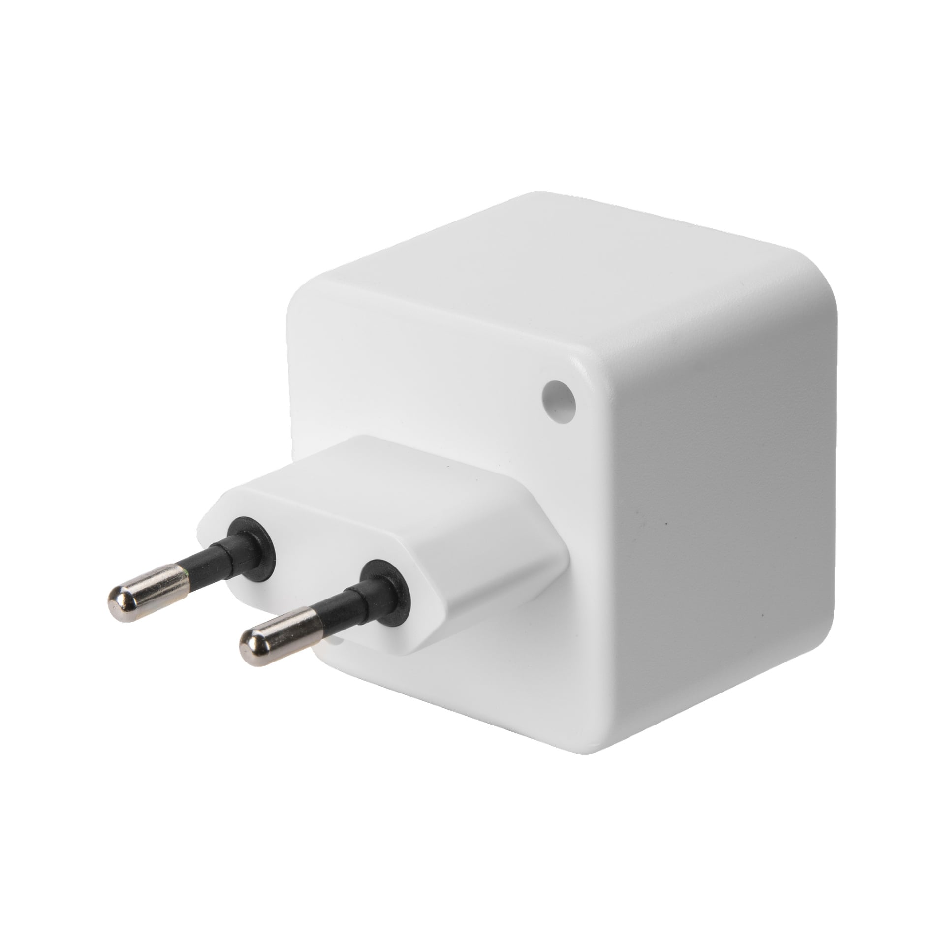 Der Anslut Charger ist ein kompaktes, weißes elektrisches Wandladegerät mit zwei runden Stiften für europäische Steckdosen und einem kleinen runden Loch auf einer Seite.