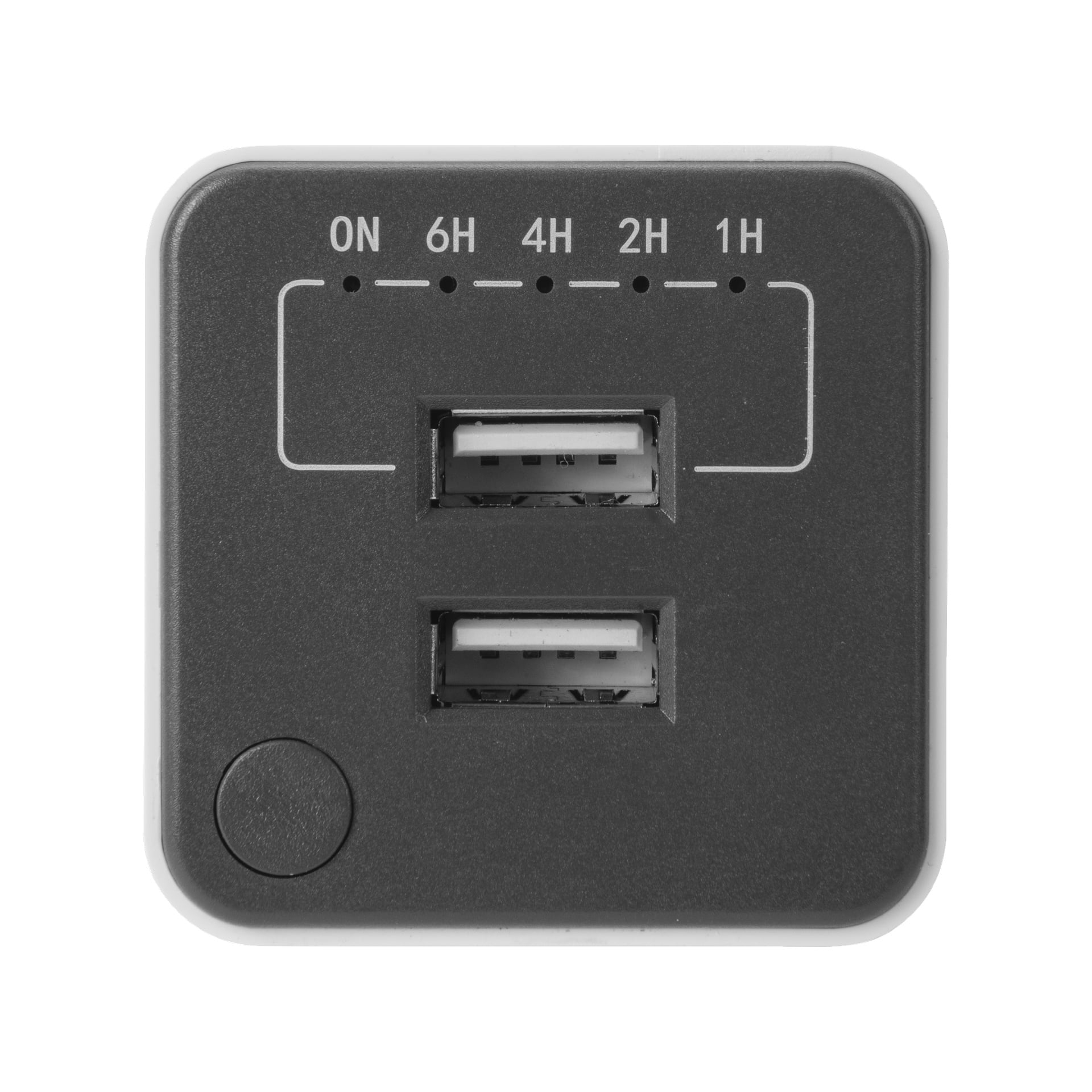 Das Anslut Charger ist ein schwarzes elektronisches Gerät mit zwei USB-Anschlüssen, einem runden Knopf unten links und Timeranzeigen oben mit den Beschriftungen ON, 6H, 4H, 2H und 1H.
