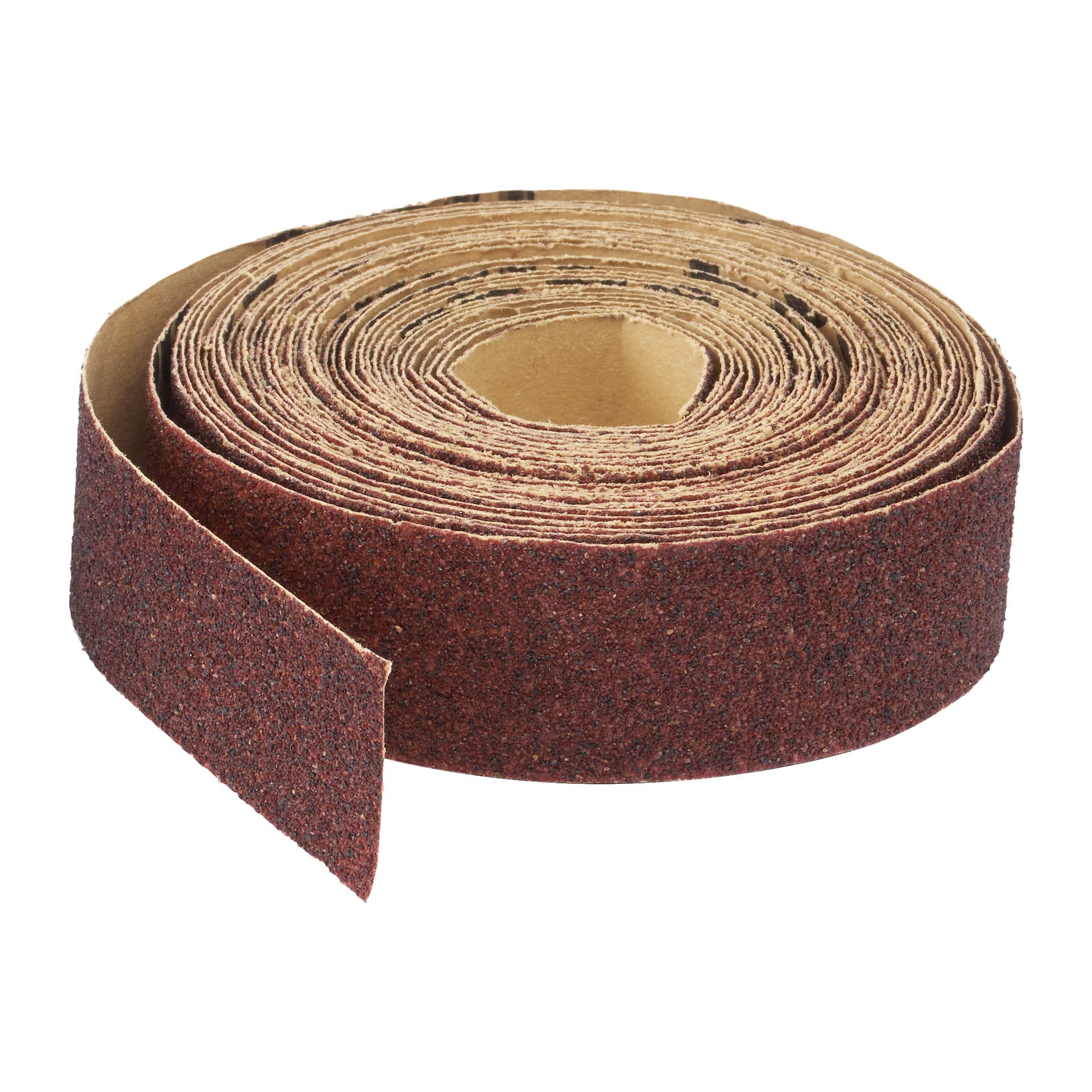 En Meec Tools sandpappersrulle med en grov, rödbrun slipsida synlig när änden delvis rullas ut, vilket visar både dess gryniga textur och släta baksida.