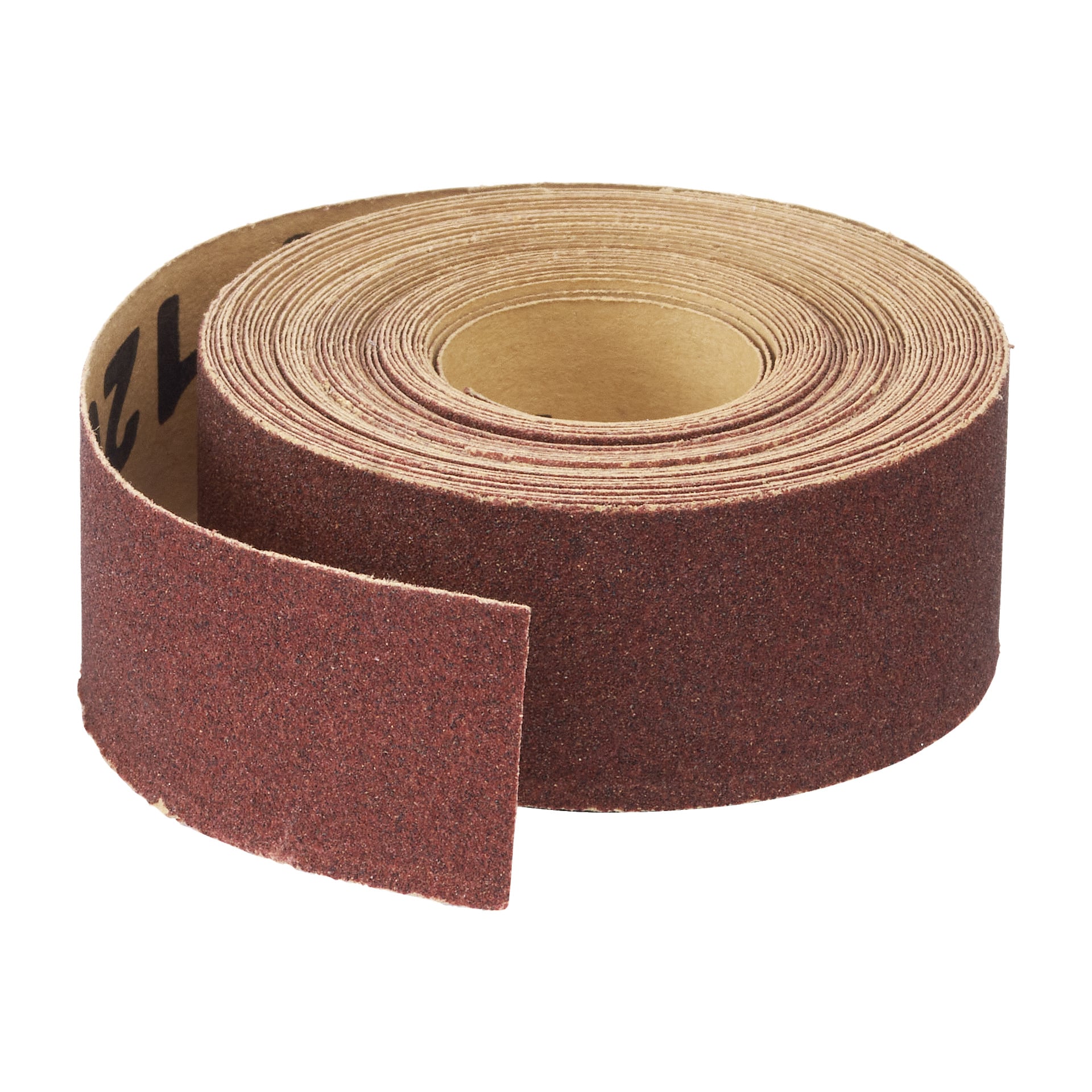 En rulle Meec Tools sandpapper ligger delvis utrullad, vilket visar dess grova, texturerade yta och tydligt avslöjar den inre kartongkärnan.