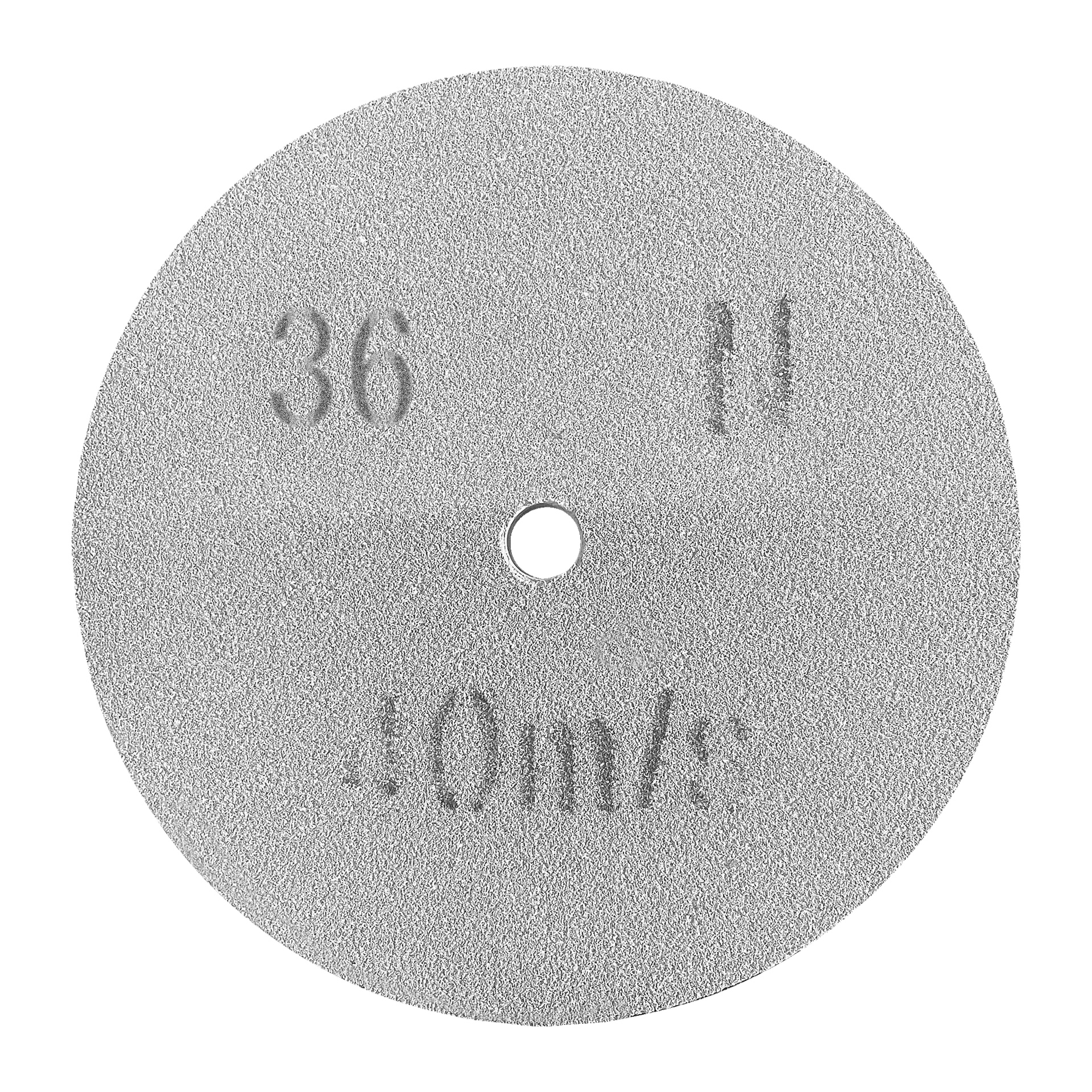 En cirkulär silverslipskiva från Meec Tools visar en grov yta med siffrorna "36" och "1" samt "1,0 m/s" inristade på sig, och har en liten svart prick i mitten.