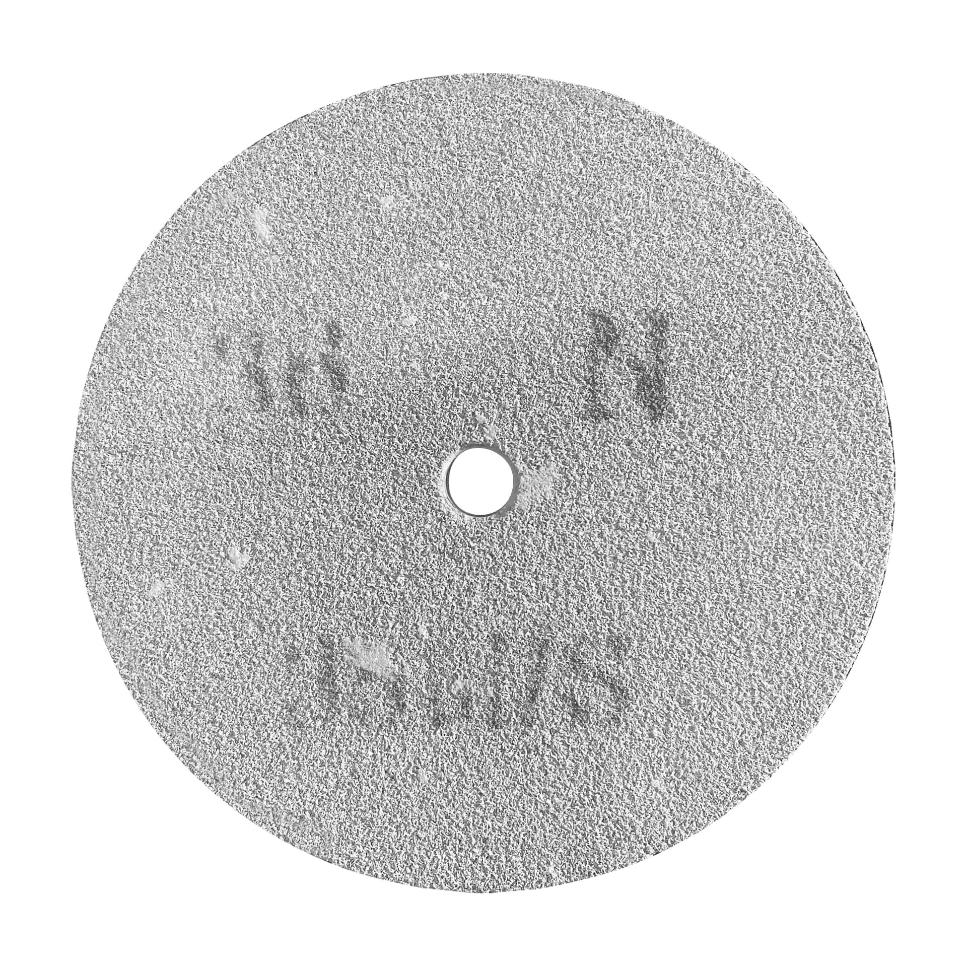 En cirkulär, silvergrå Meec Tools slipskiva med grov, texturerad finish och ett litet hål i mitten. Ytan visar blekt text som till stor del är oläslig.