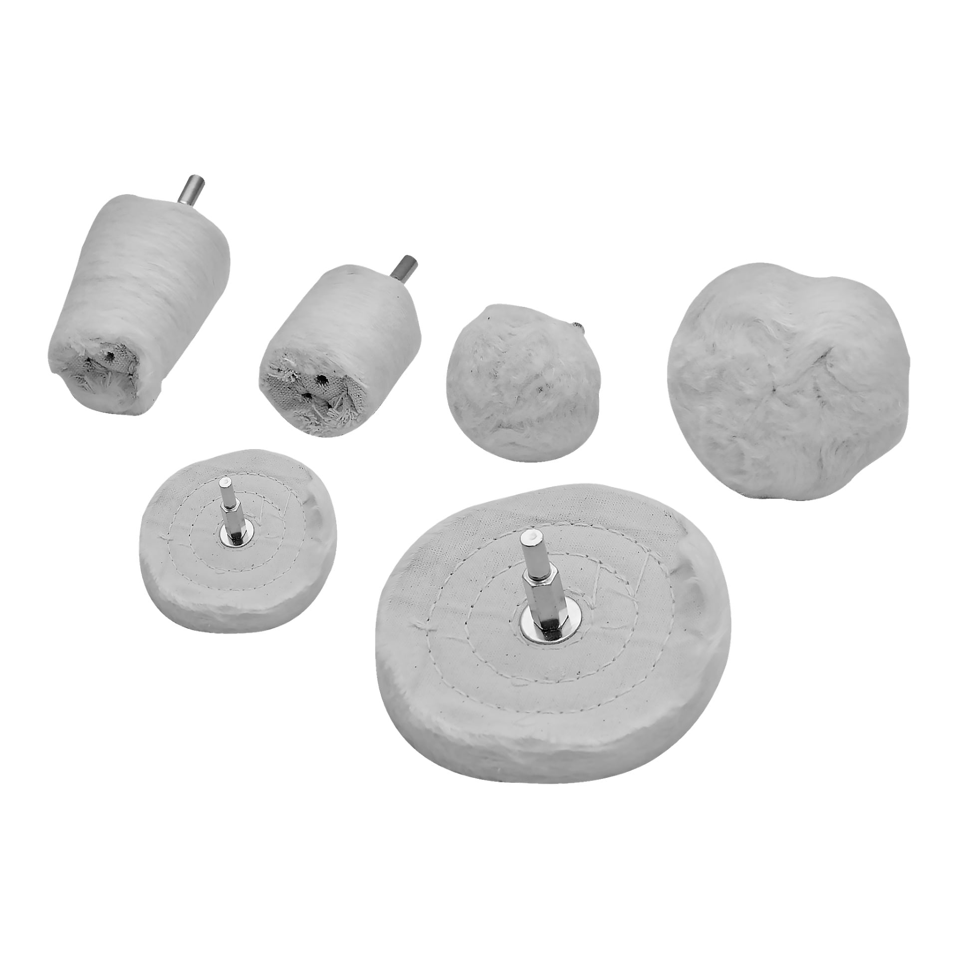 Sex cylindriska och runda poleringshjul från Meec Tools Polishing-set, totalt sex delar, är arrangerade i en rad och visar olika storlekar och former med fästa metallaxlar.