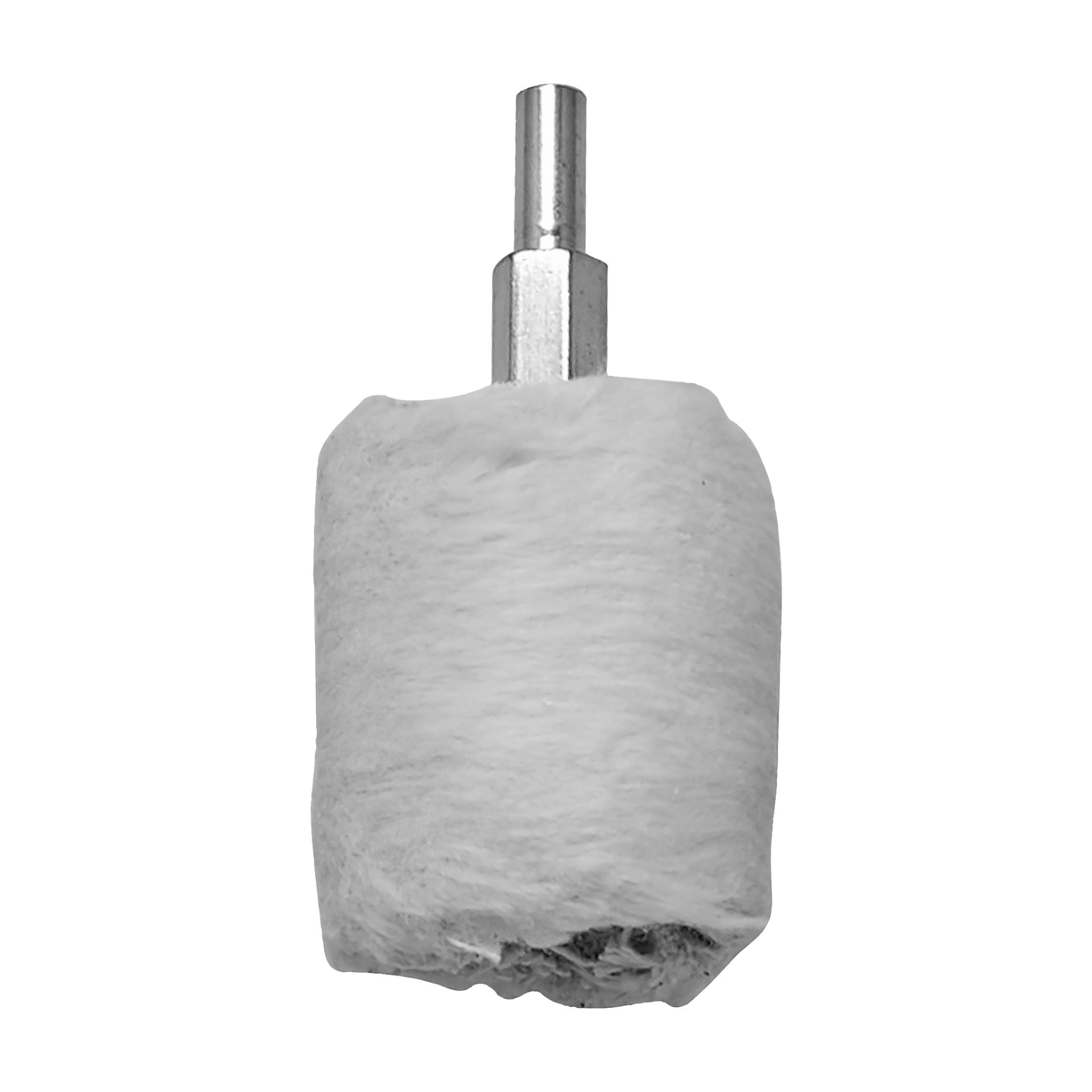 En cylindrisk poleringsbuff från Meec Tools Poleringsset om 6, med vitt tyg och en metallskaft ovanpå.