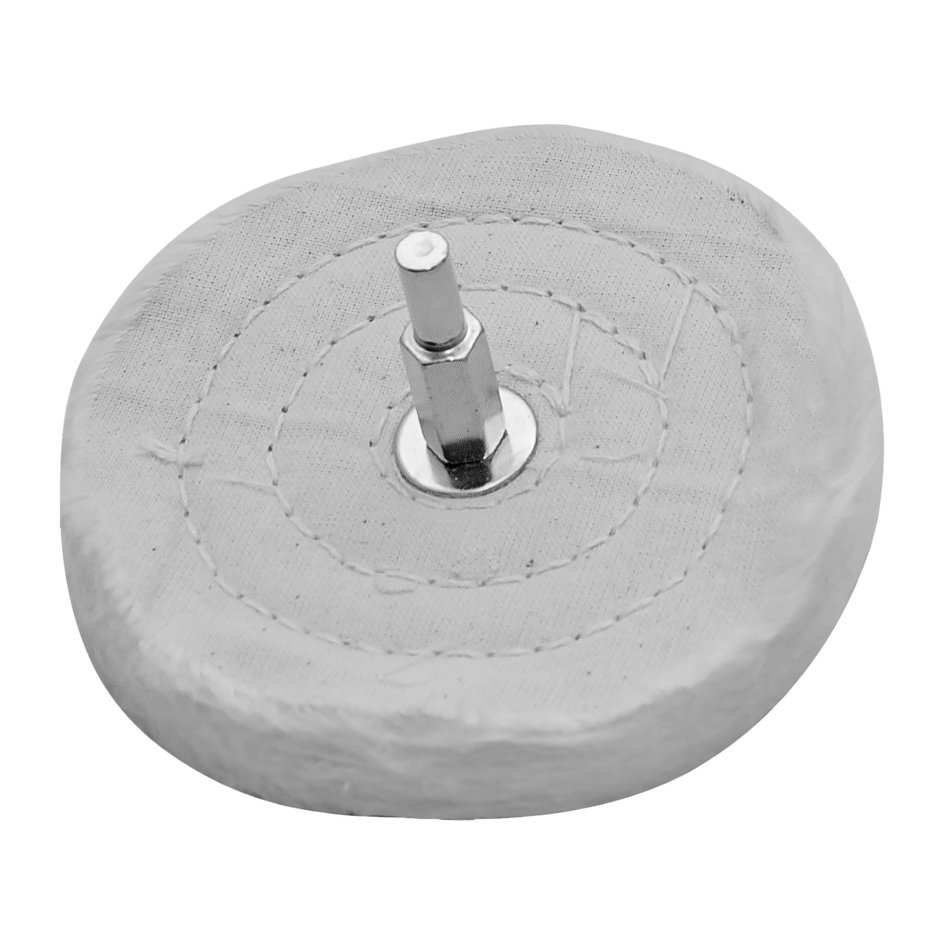 Ett runt vitt poleringshjul från Meec Tools Polishing-set, som ingår i en samling i sex delar, visar synlig söm och ett centralt metallskaftfäste.