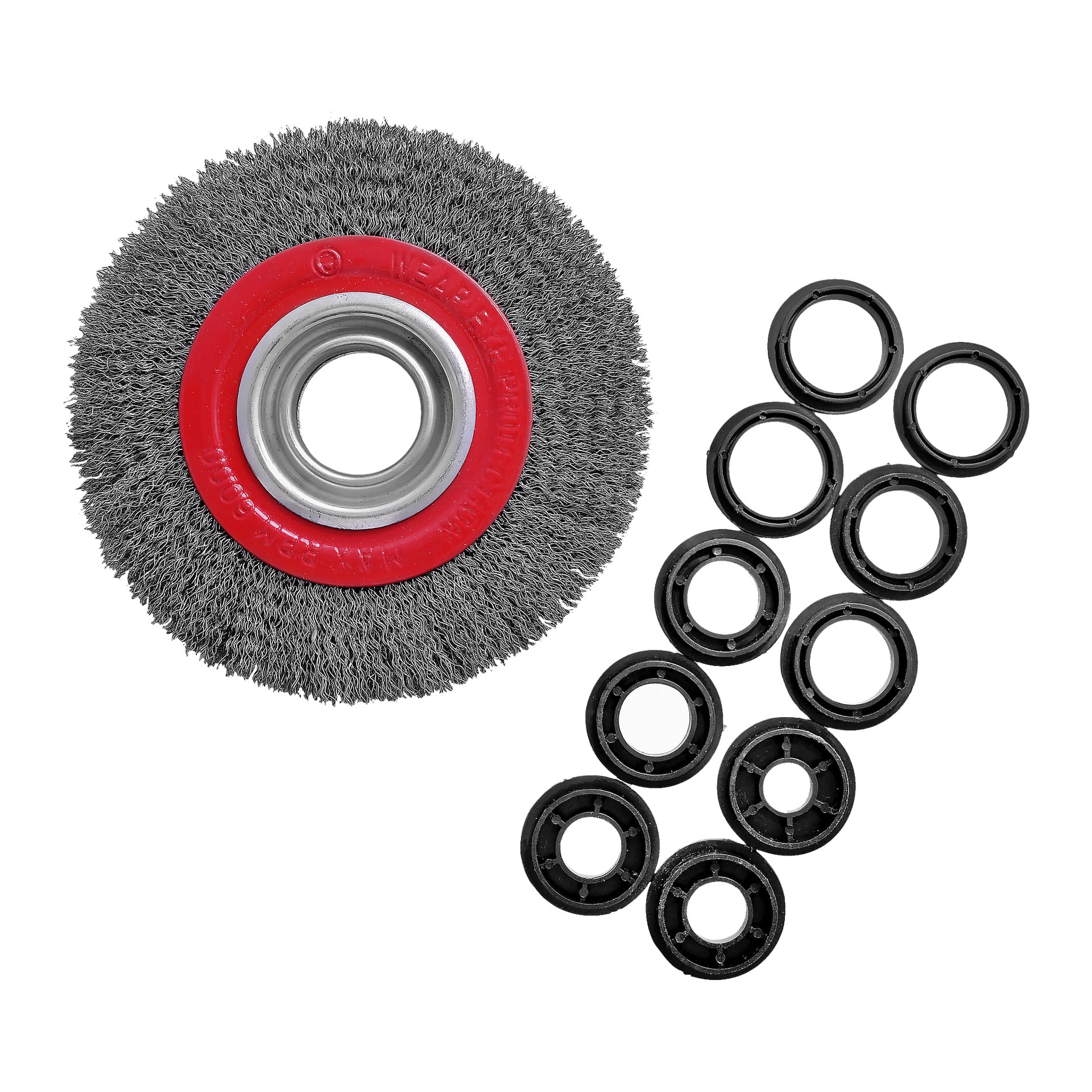 En Meec Tools cirkulär borste med röd mittpunkt och metallring står bredvid tio svarta cirkulära adaptrar.