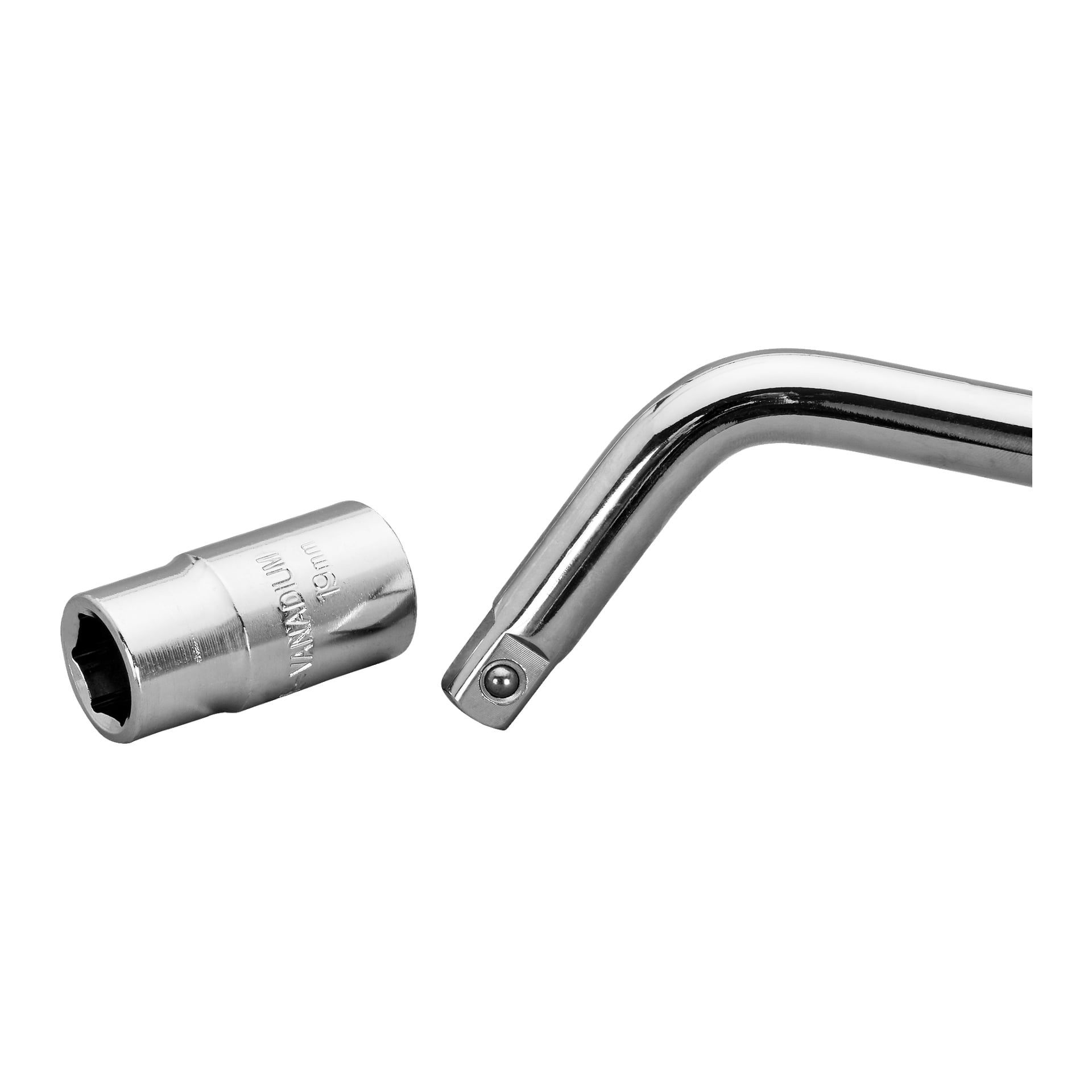 En närbild visar en Meec Tools hjulmutteråtdragare, inklusive en 19 mm krom vanadiumhylsa och en L-formad hylsnyckel med fyrkantig drivände.