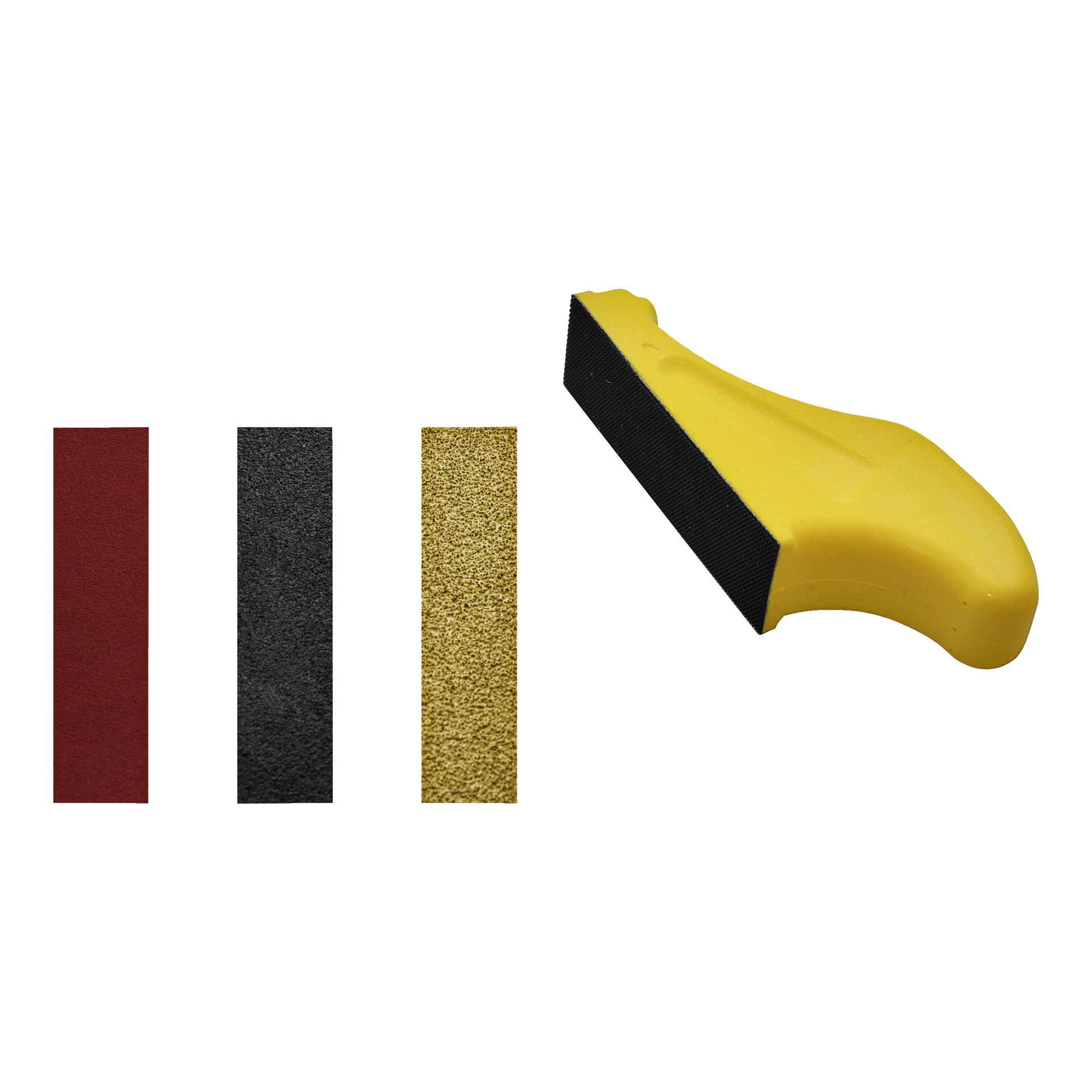 Höger sida har ett Meec Tools File Belt Sander Set (31 delar), inklusive ett gult handhållet slipverktyg med en svart slipplatta. Till vänster syns tre vertikalt arrangerade sandpappersremsor från setet i rött, svart och guld.