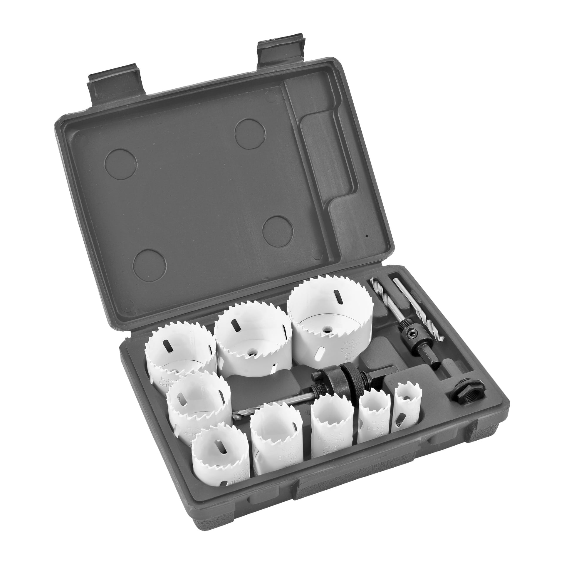 Et 12-delt Meec Tools Hole Saw Kit pent arrangert i en plastkasse, med flere størrelser hullsagbor, to mandrels og et ekstra tilbehør, hver oppbevart i sin egen spor.