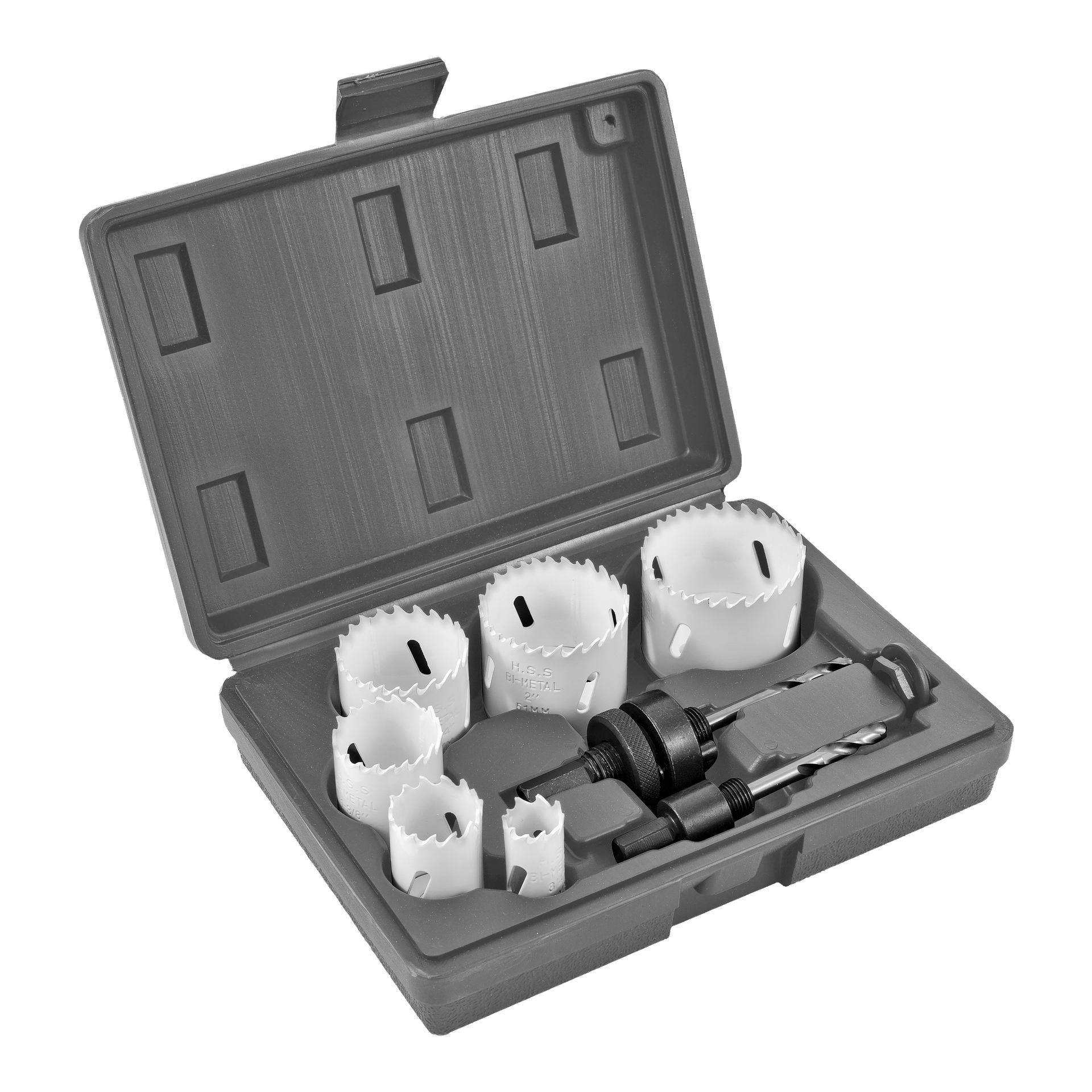 Meec Tools Hole Saw Kit innehåller 9 delar förvarade i ett plastfodral, med cirkulatorblad i olika storlekar och två borrkronor, var och en prydligt placerad i specialanpassade spår i höljet.