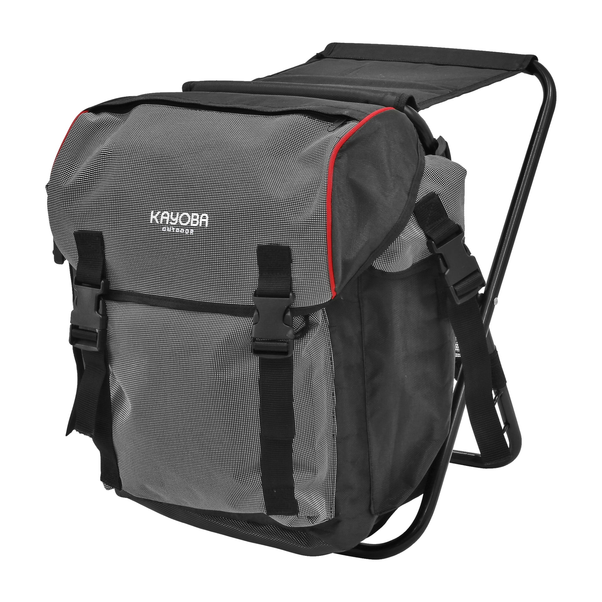 Ein schwarz-grauer Kayoba-Rucksack hat rote Akzente, Seitentaschen aus Netz und schwarze Schnallen. Er ist zum Wandern oder Camping gedacht und beinhaltet einen integrierten klappbaren Metallhocker.