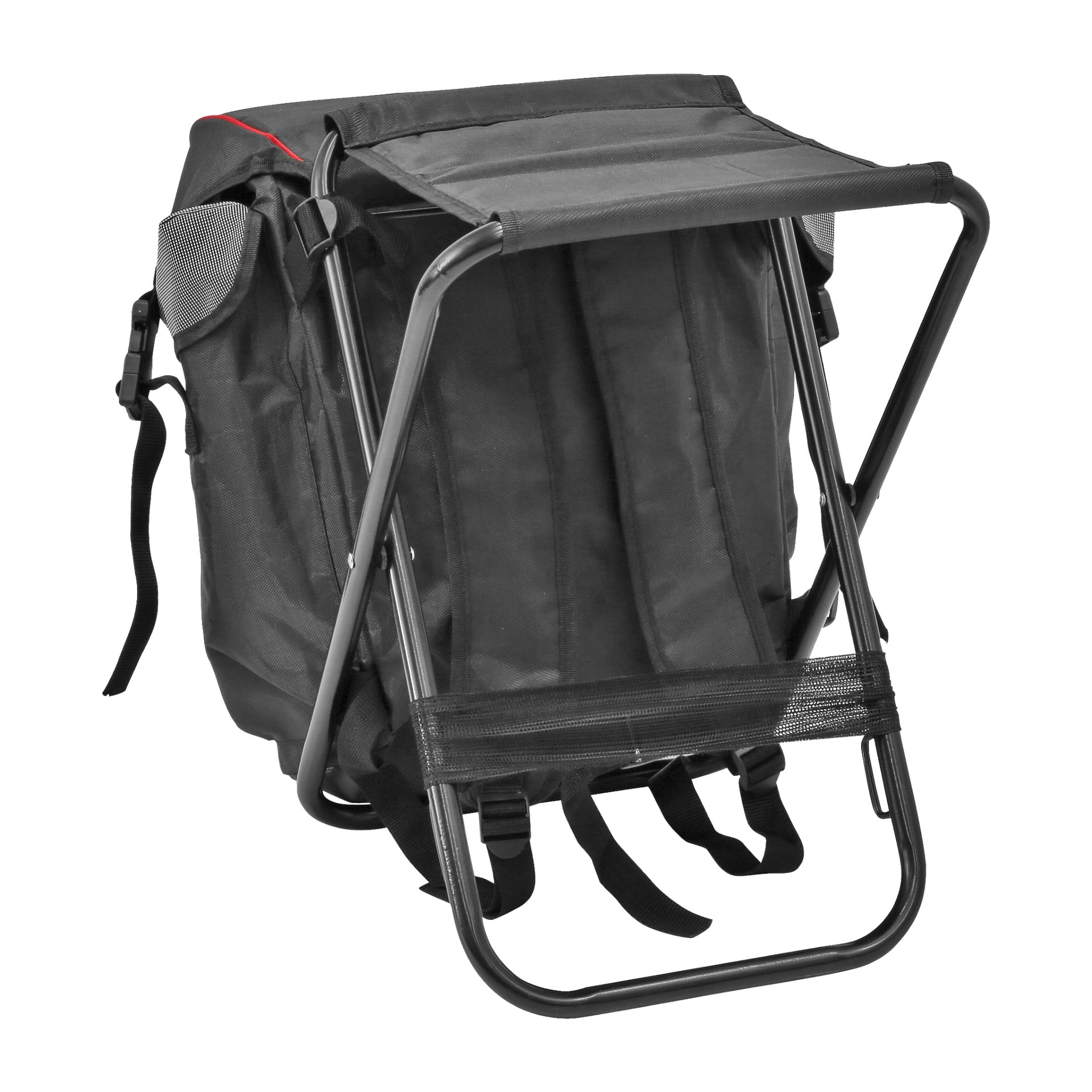 Ein schwarzer Kayoba-Rucksack mit integriertem faltbarem Metallhocker, gestaltet mit mehreren Fächern, gepolsterten Schultergurten und einem roten Akzent. Perfekt zum Wandern oder Zelten.
