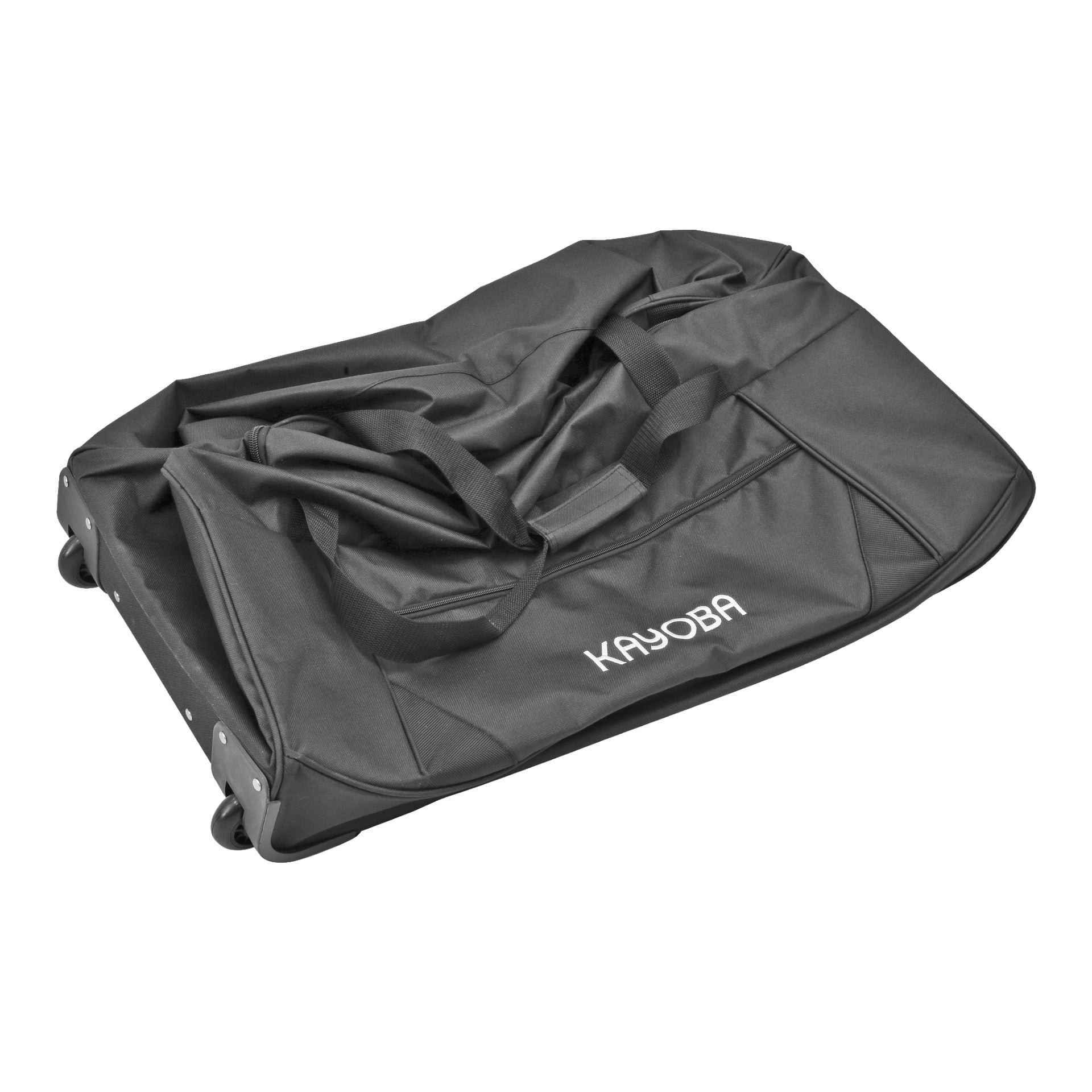 En romslig svart Kayoba sportsveske på hjul, med merkenavnet tydelig i hvitt over fronten. Vesken har to bærehåndtak og er delvis uåpne, noe som viser tydelige folder og folder i materialet.