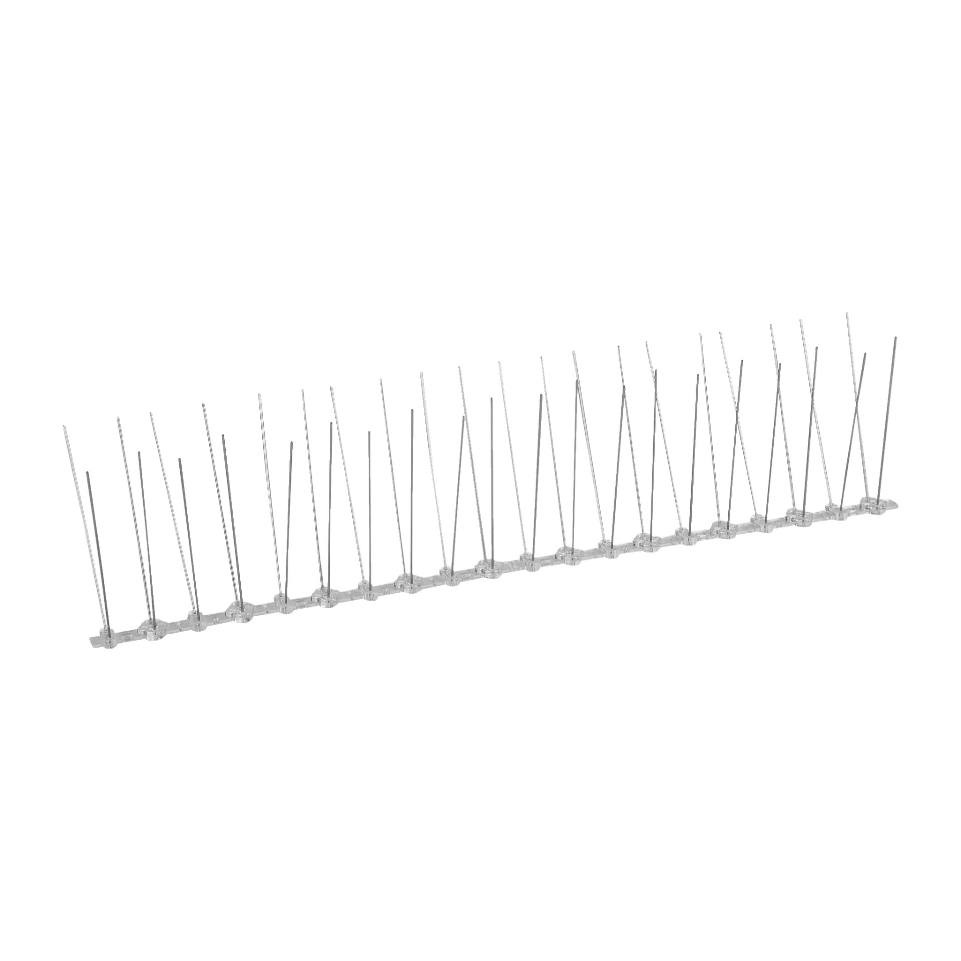 Flera metallspikar är arrangerade i en rad och sticker uppåt och utåt från en transparent plastbas. Märkta som "Hard Head Bird Spikes 6 bitar" är de avsedda att förhindra att fåglar landar på hyllor, staket eller andra ytor.