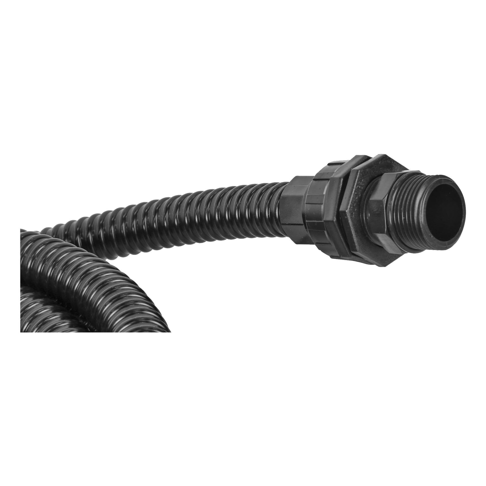 En närbild av en svart sugslang från Meec Tools, som visar dess flexibla korrugerade struktur och en gängad plastkoppling i änden.