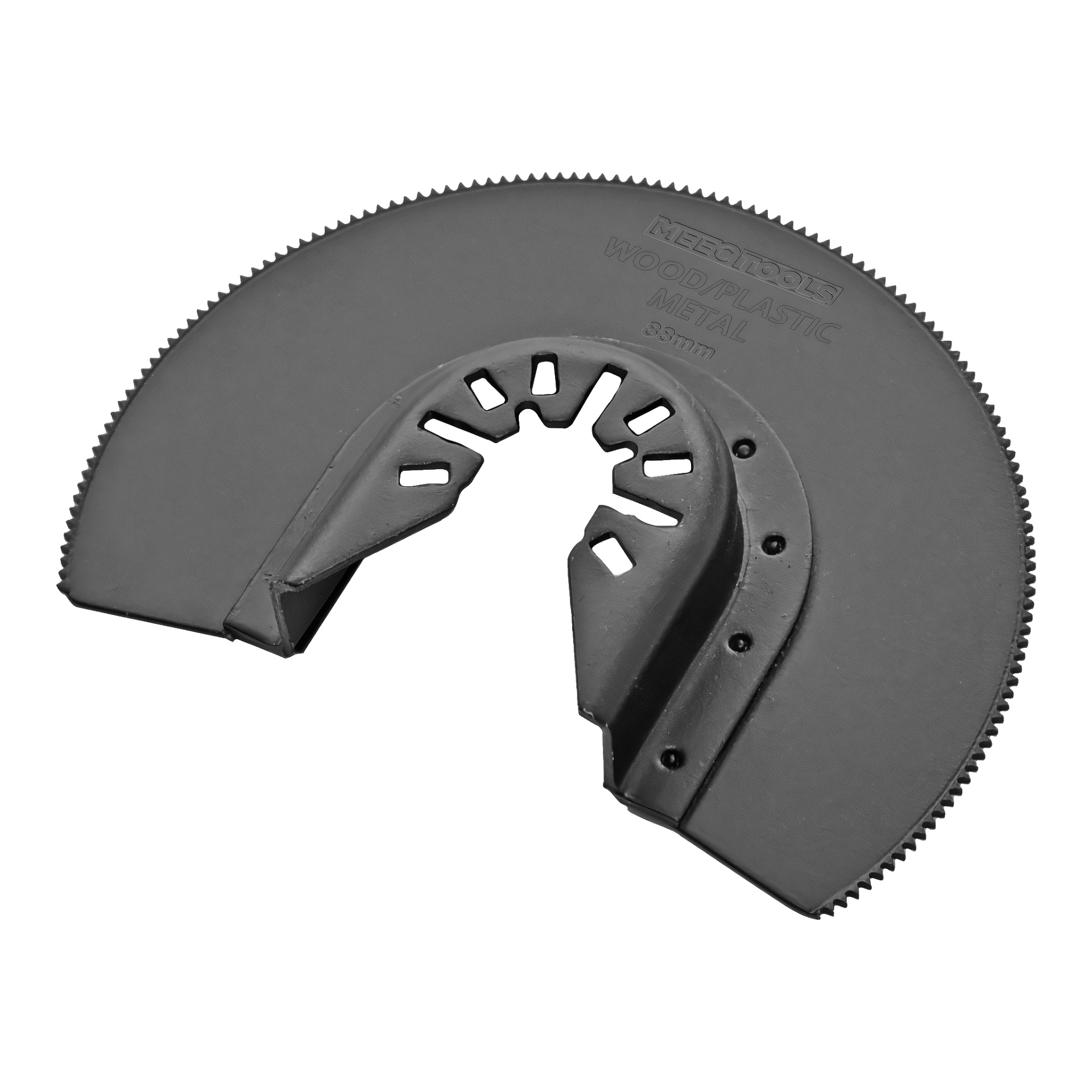 Ett Meec Tools-sågblad med matt svart finish, designat i en halvcirkelformad segmenterad form med en tandad skäregg och öppen mitt; Märkningen visar lämplighet för skärning av trä, plast och metall.