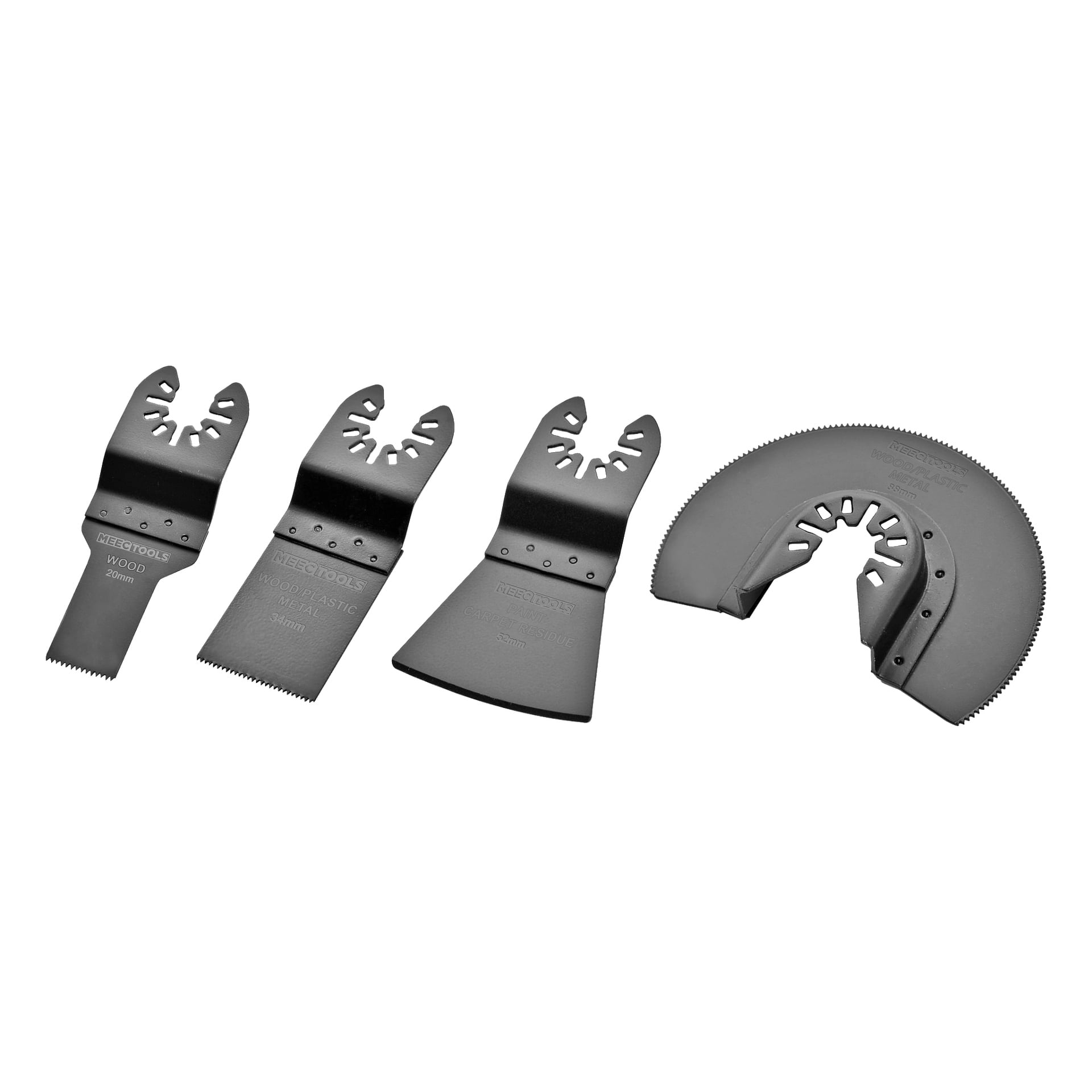 Das Zubehörset für 4-teilige Multitools von Meec Tools umfasst drei gerade Klingen in unterschiedlicher Breite und eine halbkreisförmige Klinge, jeweils beschriftet und aus dunklem Metall gefertigt, nebeneinander angeordnet.