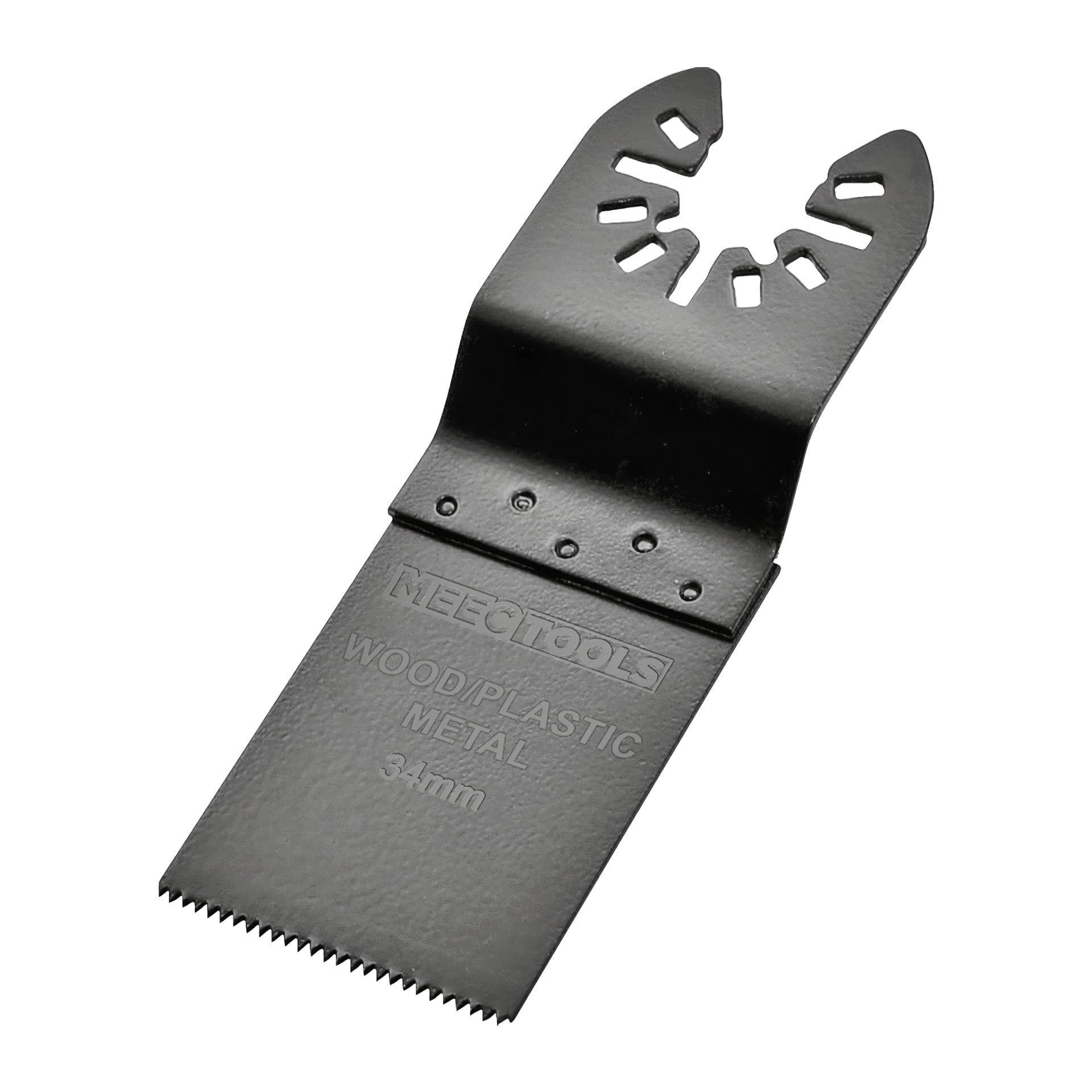 Ein Set aus vier schwarzen Meec Tools Multitool-Zubehörteilen, beschrieben als HOLZ/PLASTIK METALL 34mm, jedes mit einer flachen, gezahnten Kante und einem eingekerbten, halbkreisförmigen Befestigungsende.