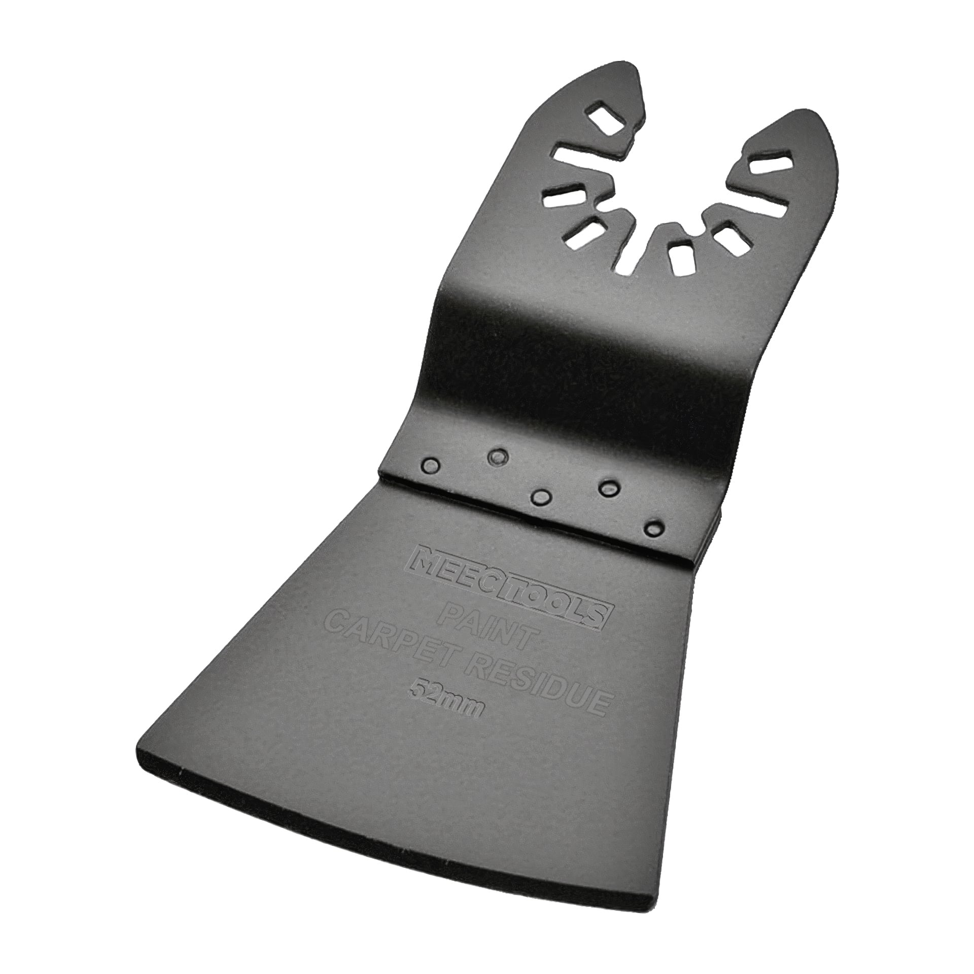 Eine schwarze Schaberklinge aus dem Accessoire-Set für Multitools 4 Teile von Meec Tools, mit Kerben zur Befestigung, einer breiten flachen Kante und Markierungen, die Farbentfernung und Teppichrückstände anzeigen.