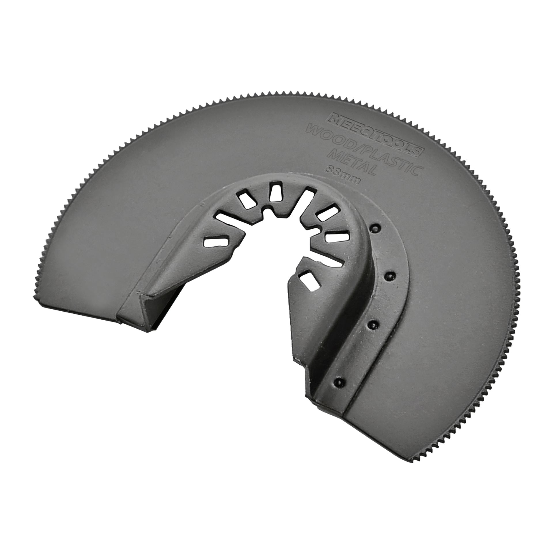 Das Meec Tools Zubehörset für Multitools besteht aus 4 Teilen und verfügt über eine 53 mm halbkreisförmige, gezackte Klinge zum Schneiden durch Holz, Kunststoff und Metall, mit einem zentralen Loch und geschlitzten Öffnungen zur Befestigung.