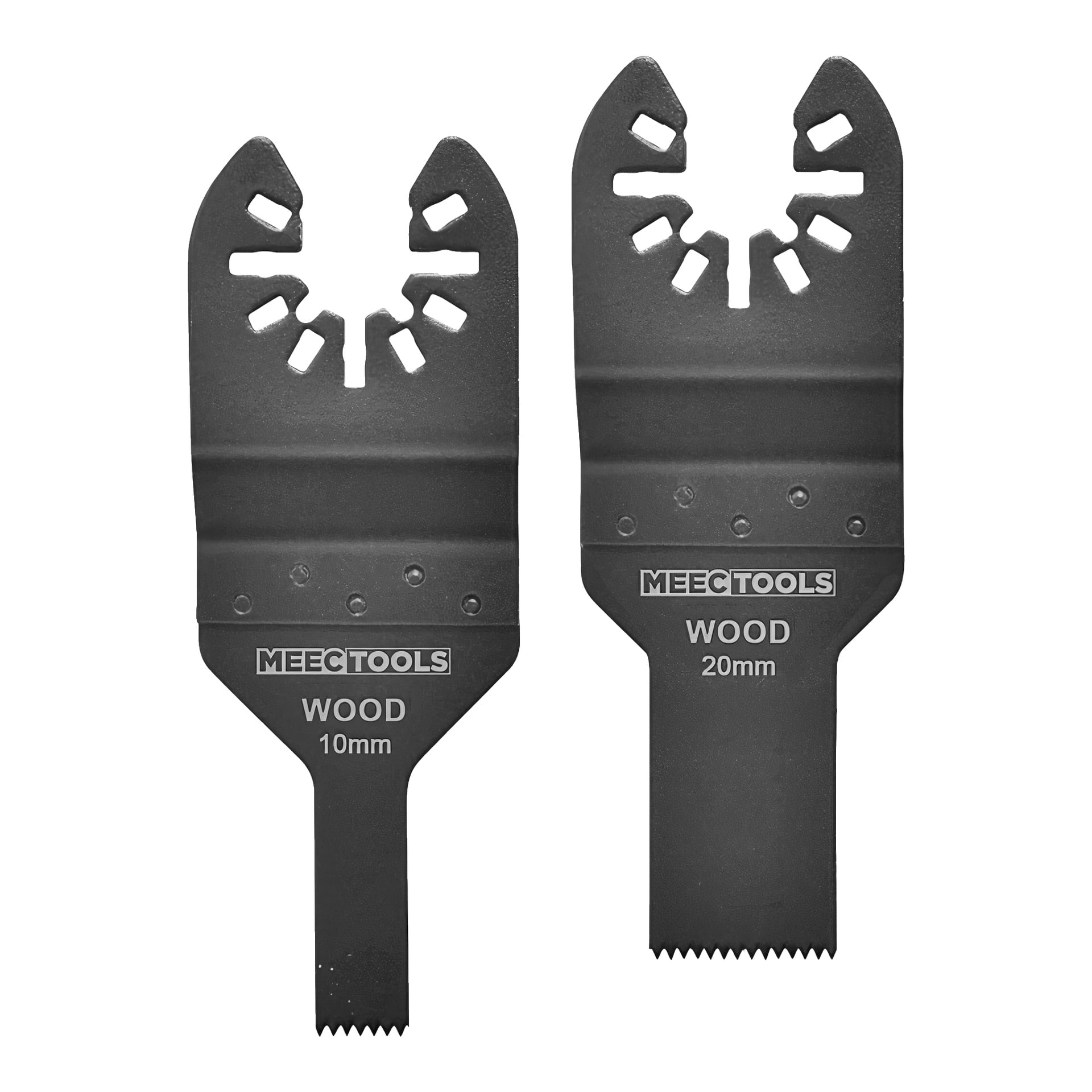 Kaksi mustaa värähtelevää monitoimityökaluteriä Meec Tools Accessory 24-osaisesta setistä, joissa kummassakin lukee "Meec Tools Wood." Toinen terä on 10 mm leveä ja toinen 20 mm leveä; molemmissa on segmentoidut reunat ja kiinnitysaukot yläosassa.