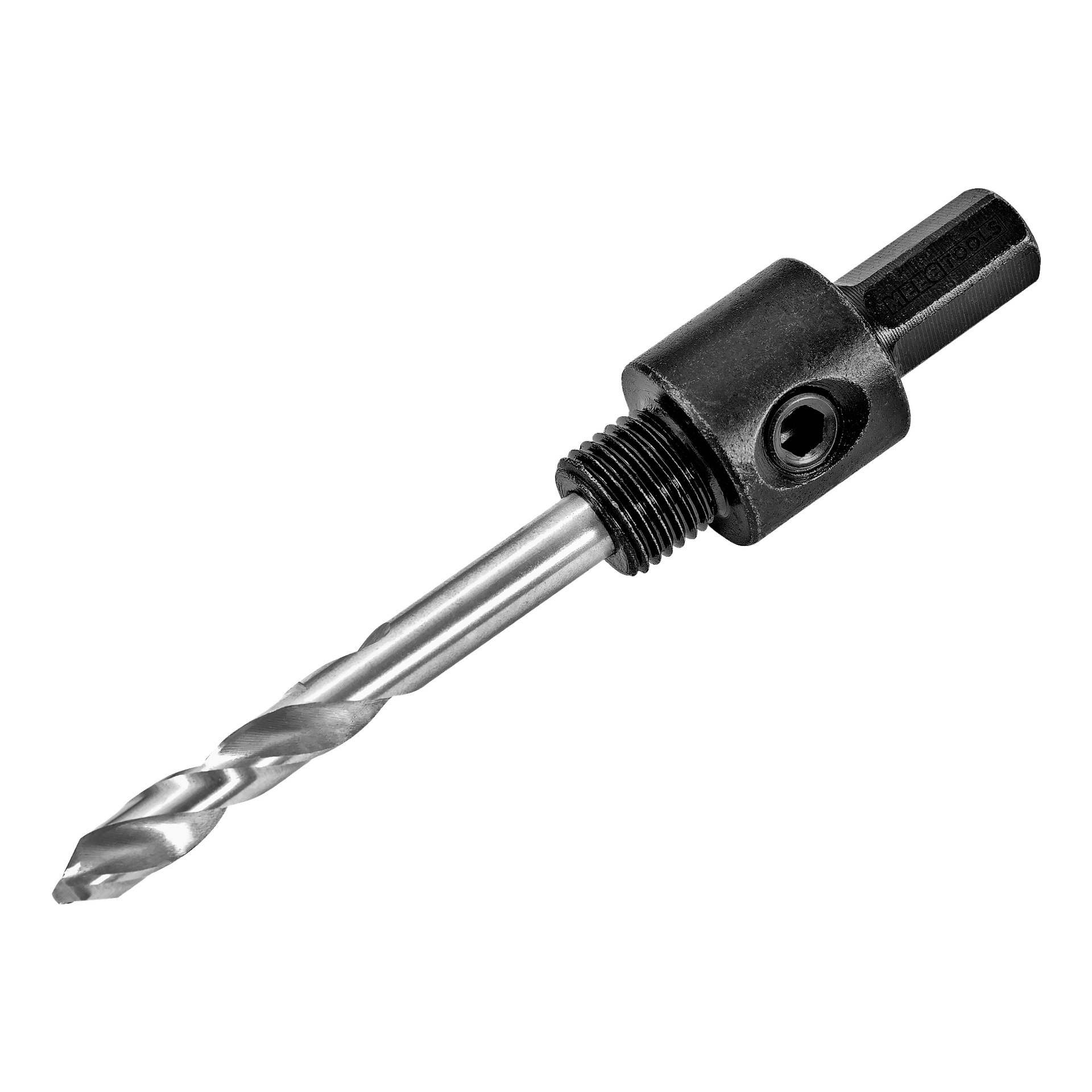 En närbild på Meec Tools Hole Saw Holder, som visar dess sexkantskaft, låsskruv och fäst borr.
