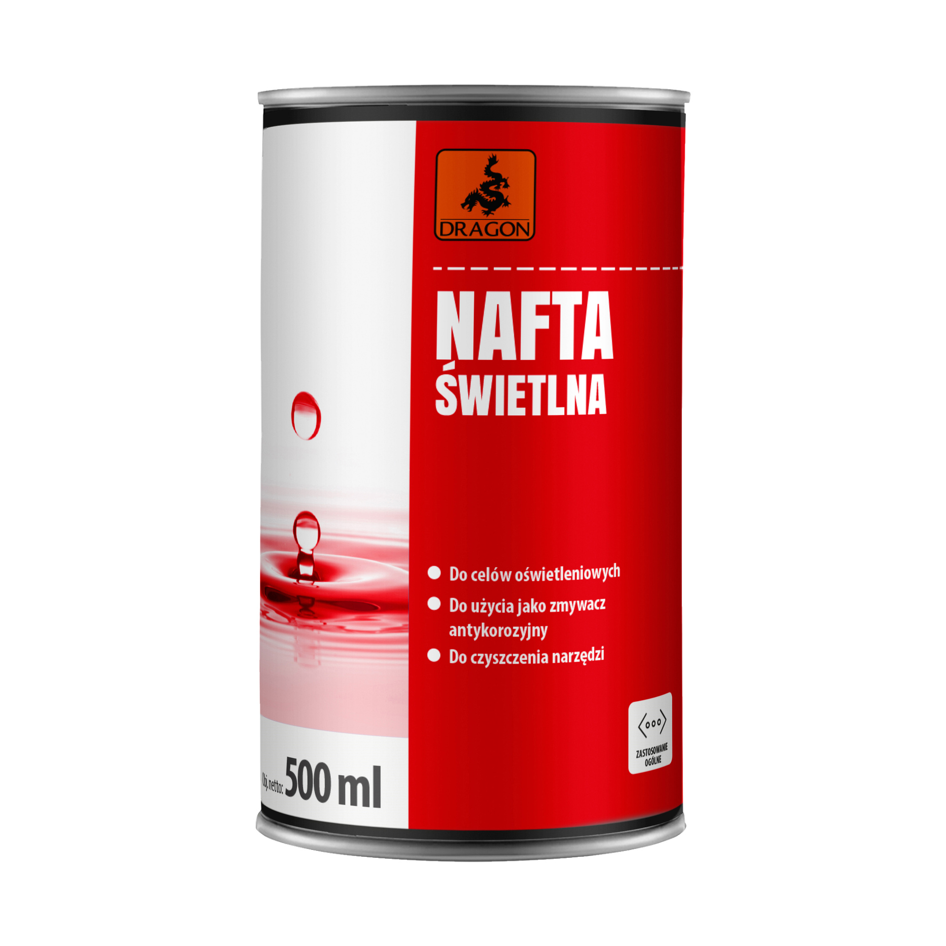 Puszka Dragon Lightning Kerosene (DNS500) o pojemności 500 ml z czerwono-białą etykietą, z czarnym logo smoka i szczegółami produktu. Etykieta podkreśla jego zastosowania w narzędziach oświetleniowych, odtłuszczających i czyszczących.