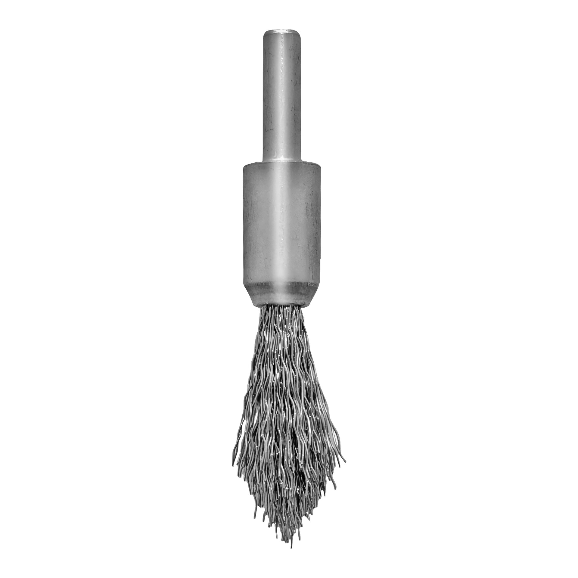 Meec Tools End Brush har en cylindrisk metallkropp med ett slätt handtag och tätt tvinnade trådborst i änden, avsedd att användas med elverktyg vid rengöring eller förberedelse av ytor.