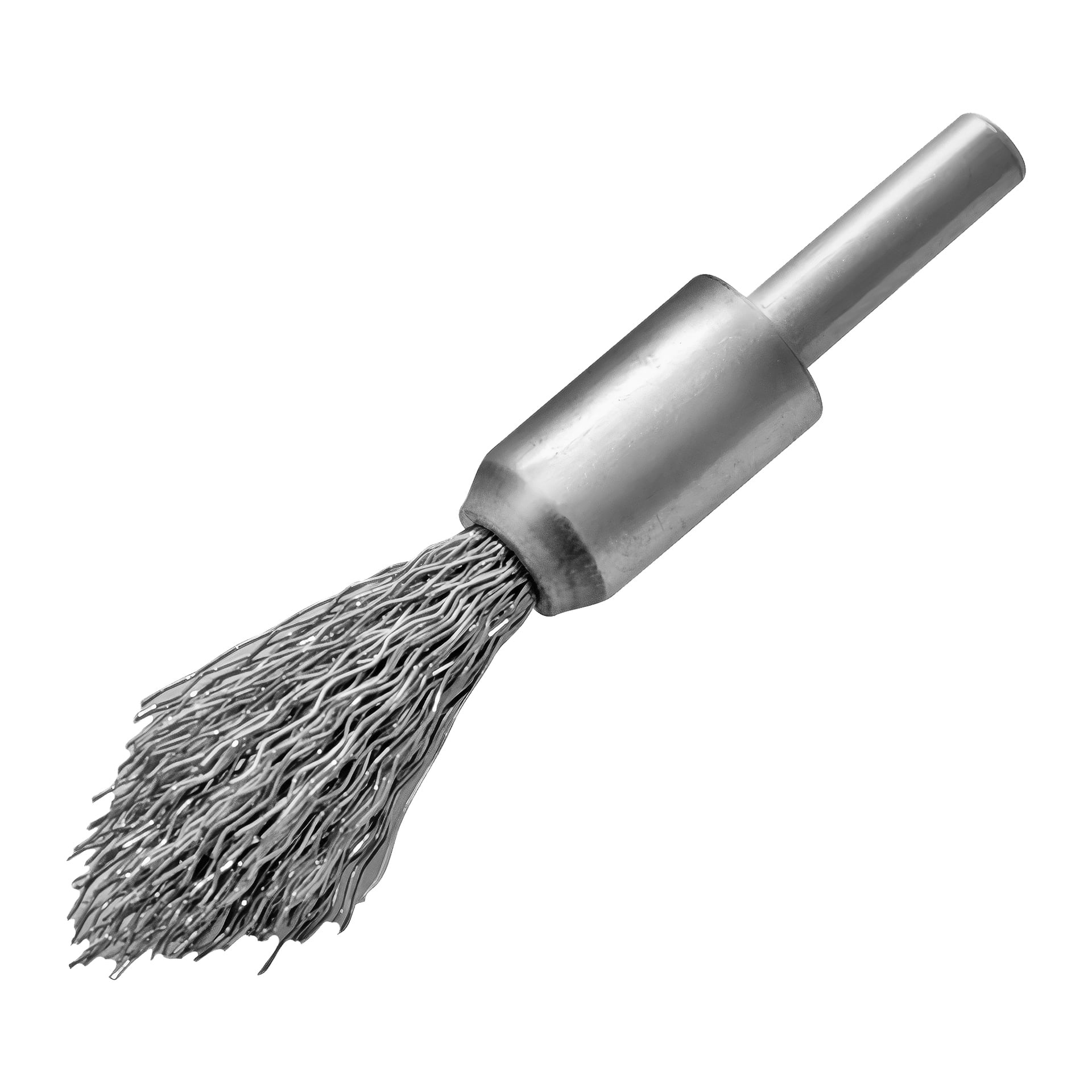 Närbild på Meec Tools ändborste, som visar dess tvinnade trådborst och cylindriska skaft, gjord för att fästas på elverktyg för att rengöra eller polera ytor.